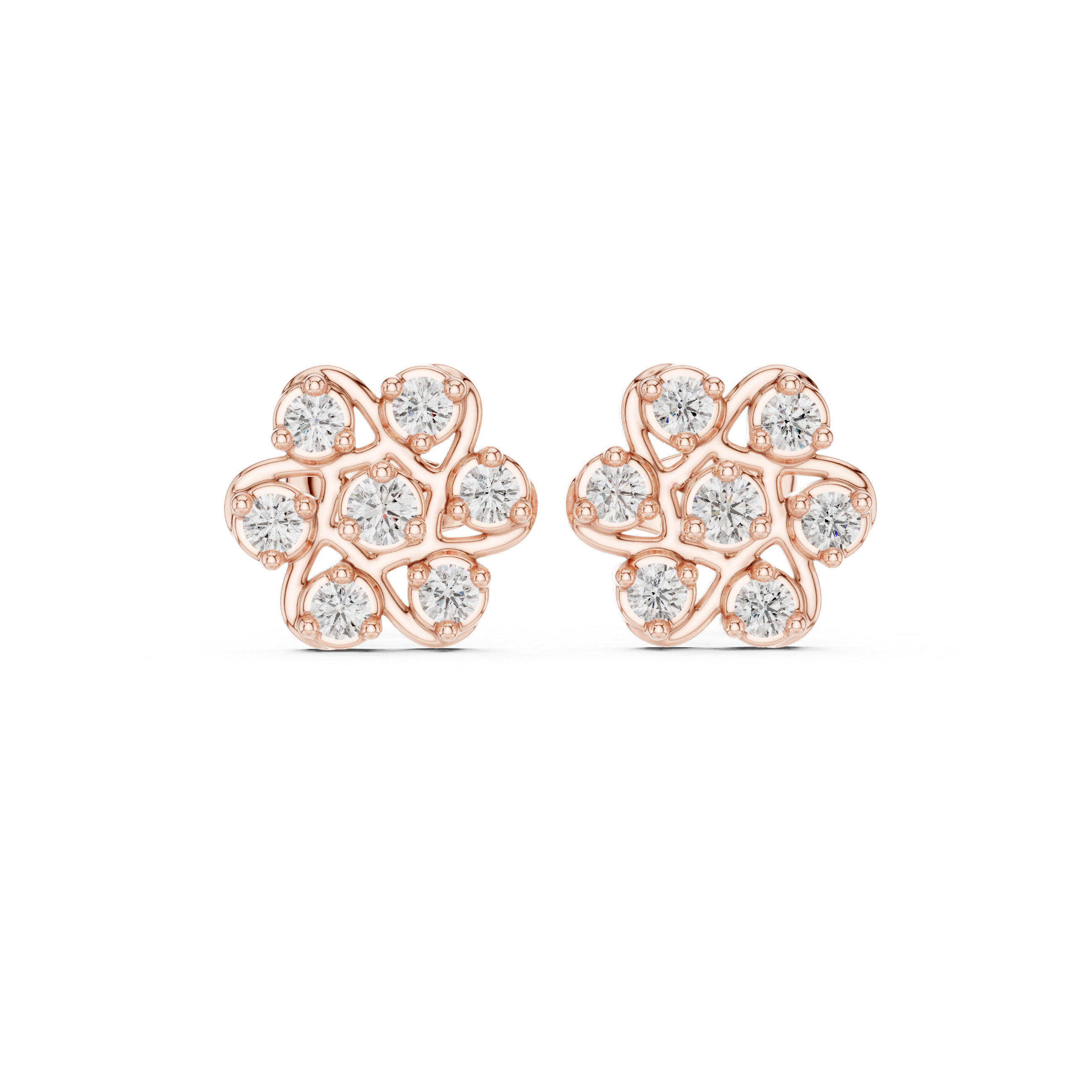 Round Cut Diamond Openwork Floral Cluster Stud Earrings in Collet Setting
