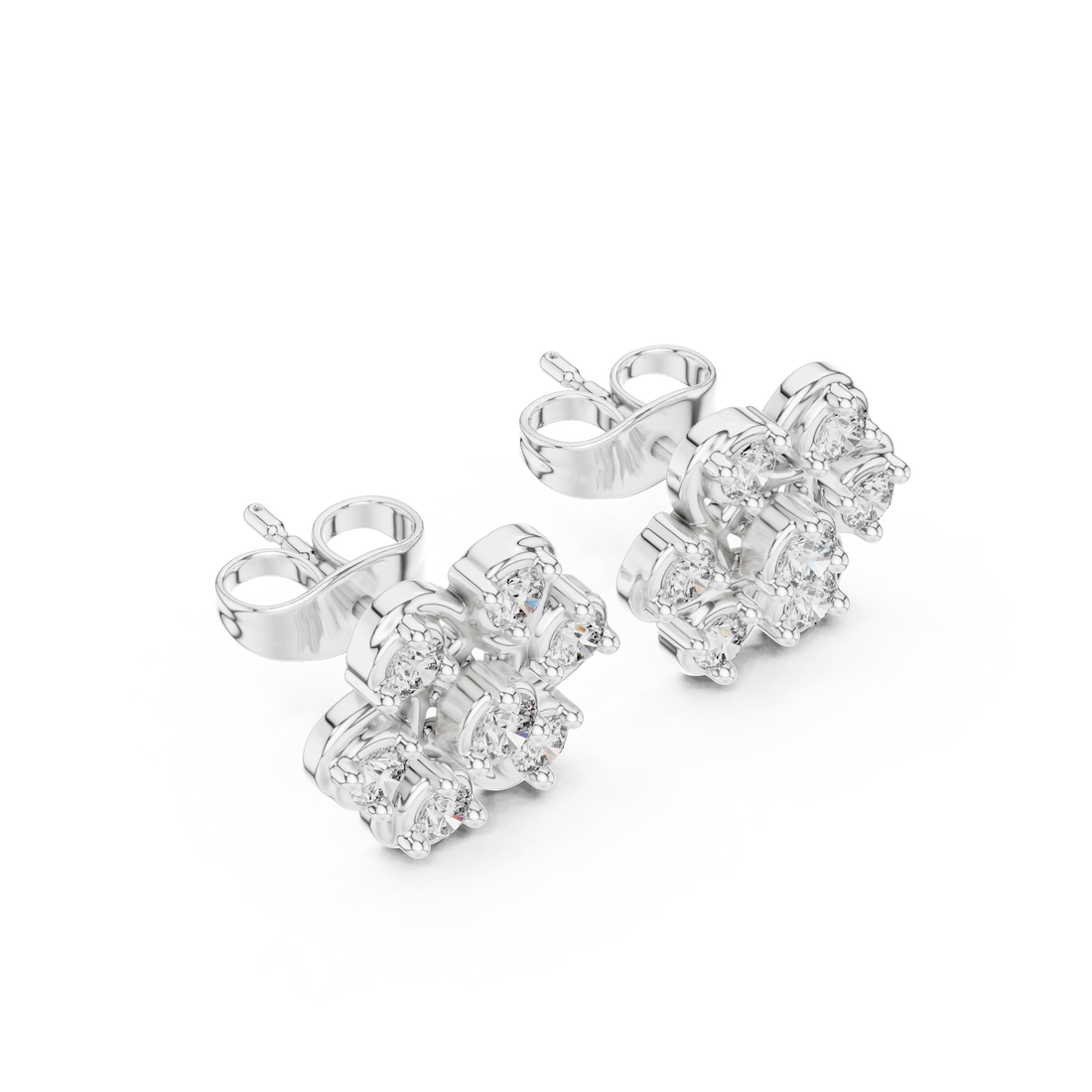Round Cut Diamond Openwork Floral Cluster Stud Earrings in Collet Setting