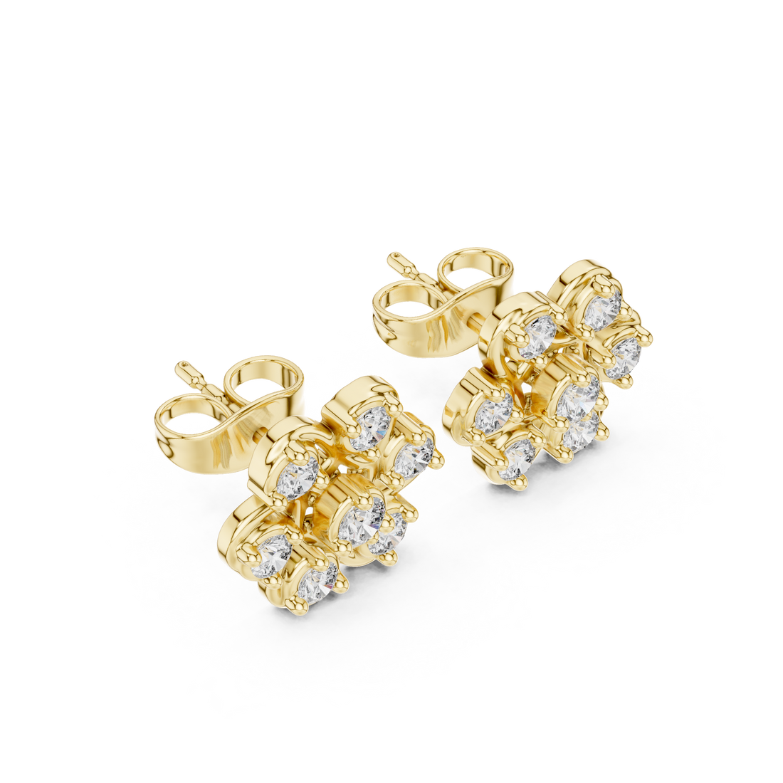 Round Cut Diamond Openwork Floral Cluster Stud Earrings in Collet Setting