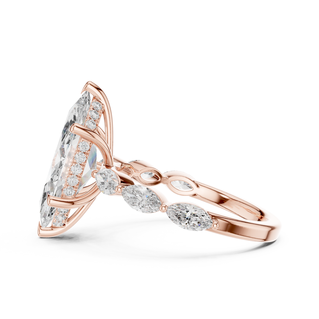 Marquise Cut Diamond Three Stone Ring with Graduated Side Accents