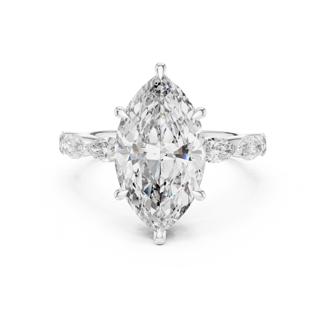 Marquise Cut Diamond Three Stone Ring with Graduated Side Accents