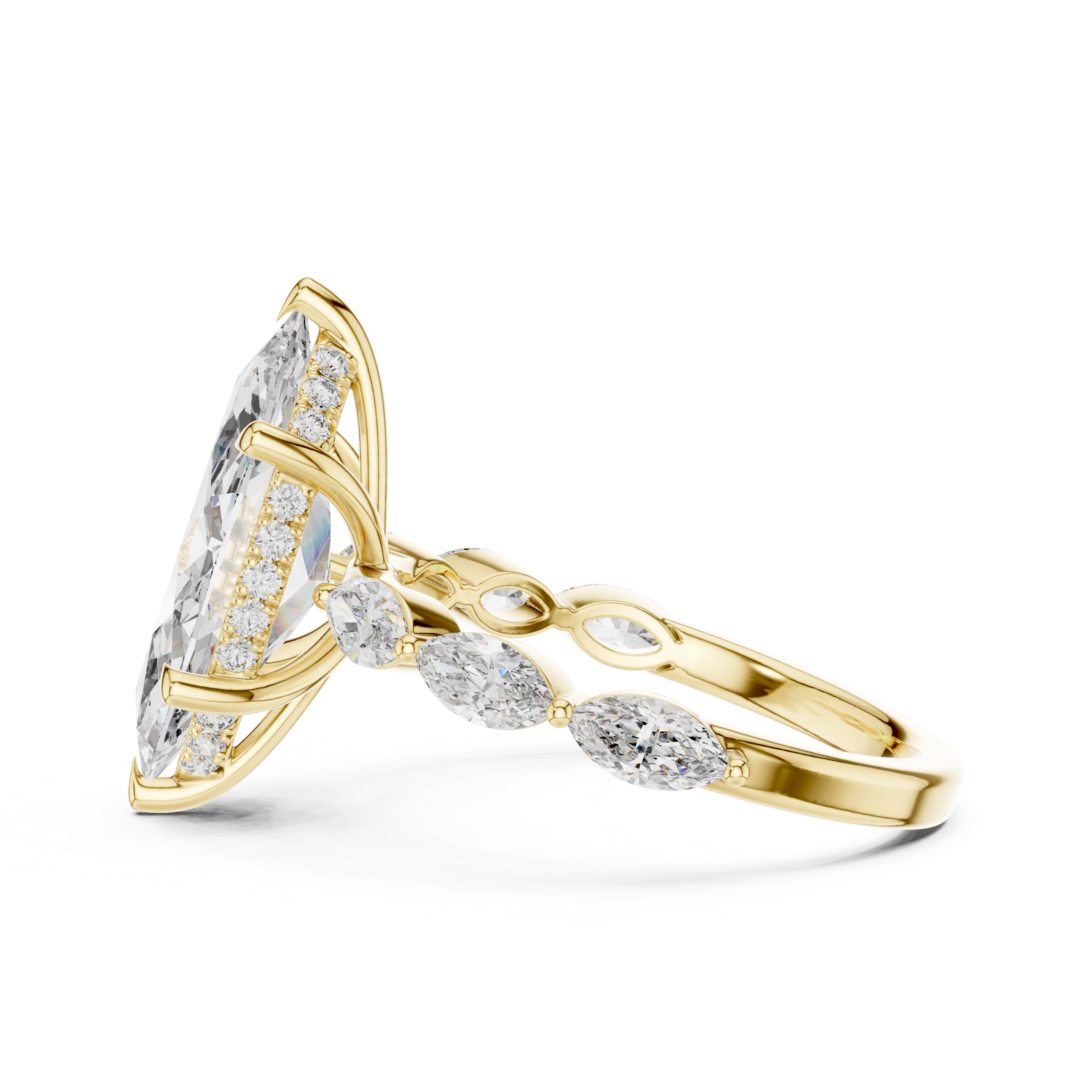 Marquise Cut Diamond Three Stone Ring with Graduated Side Accents
