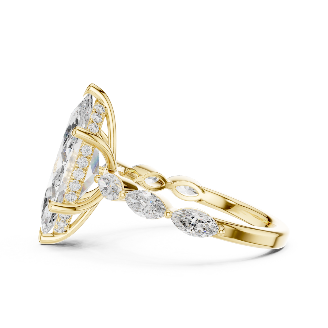 Marquise Cut Diamond Three Stone Ring with Graduated Side Accents