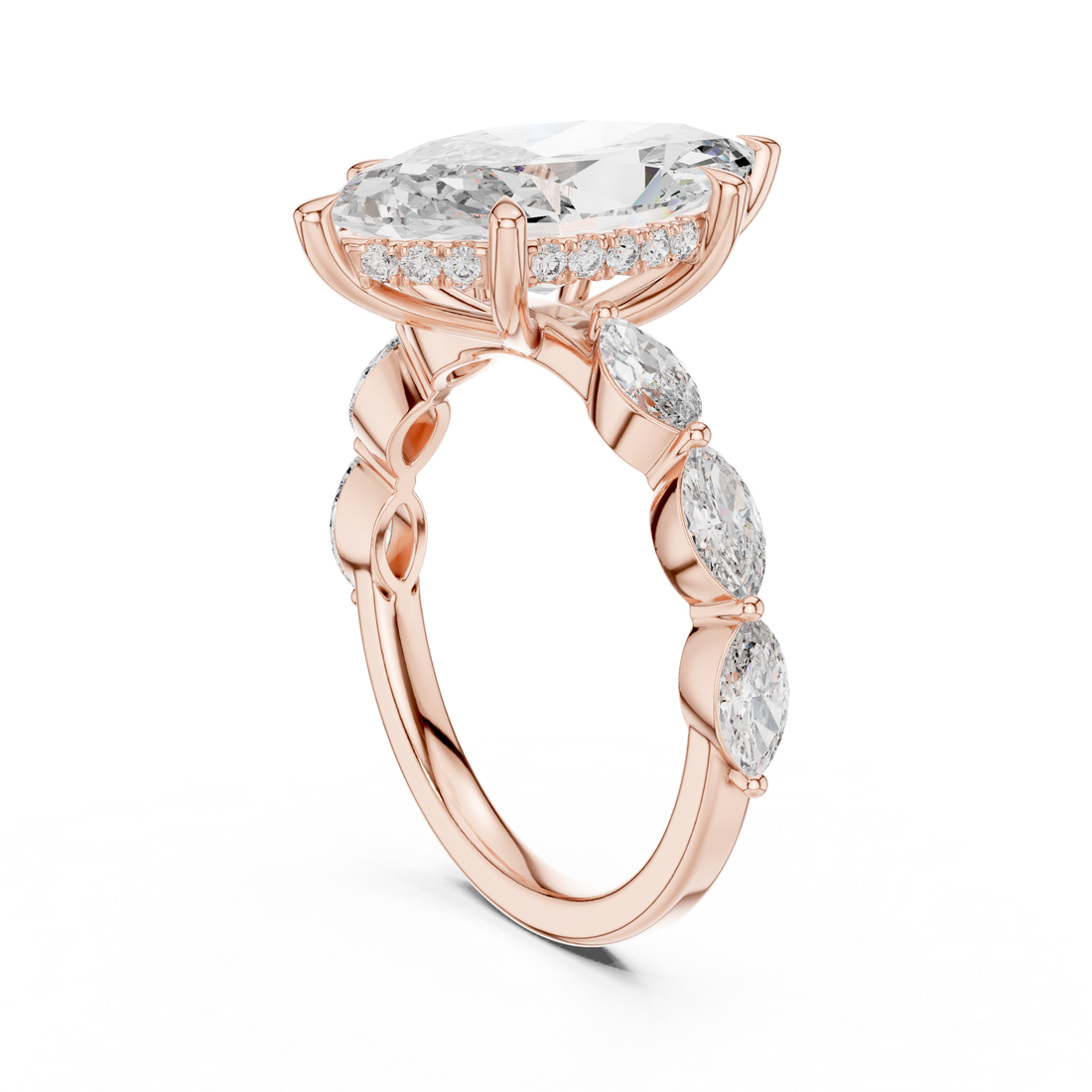 Marquise Cut Diamond Three Stone Ring with Graduated Side Accents