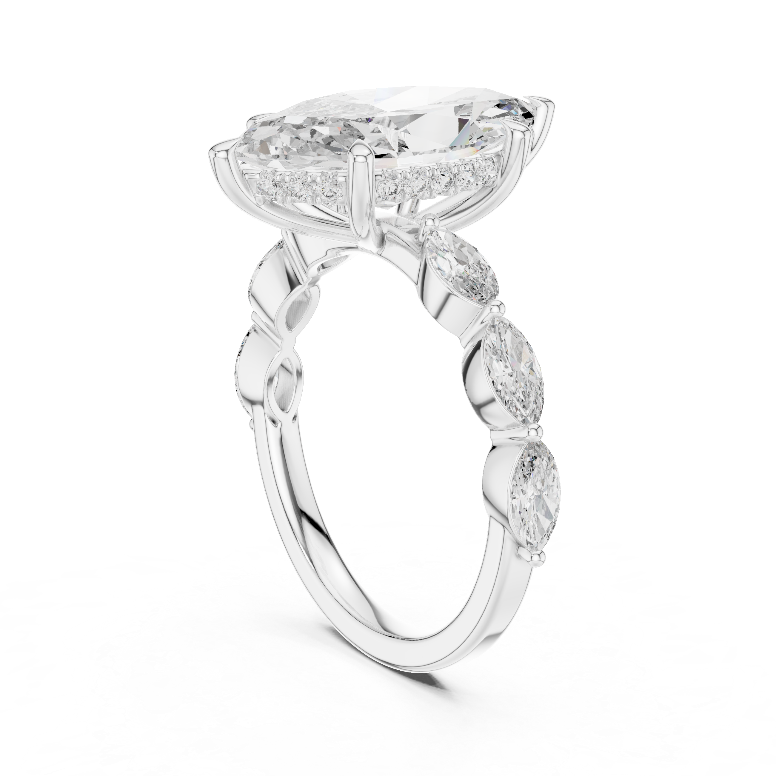 Marquise Cut Diamond Three Stone Ring with Graduated Side Accents