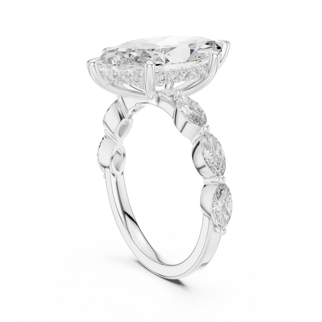 Marquise Cut Diamond Three Stone Ring with Graduated Side Accents