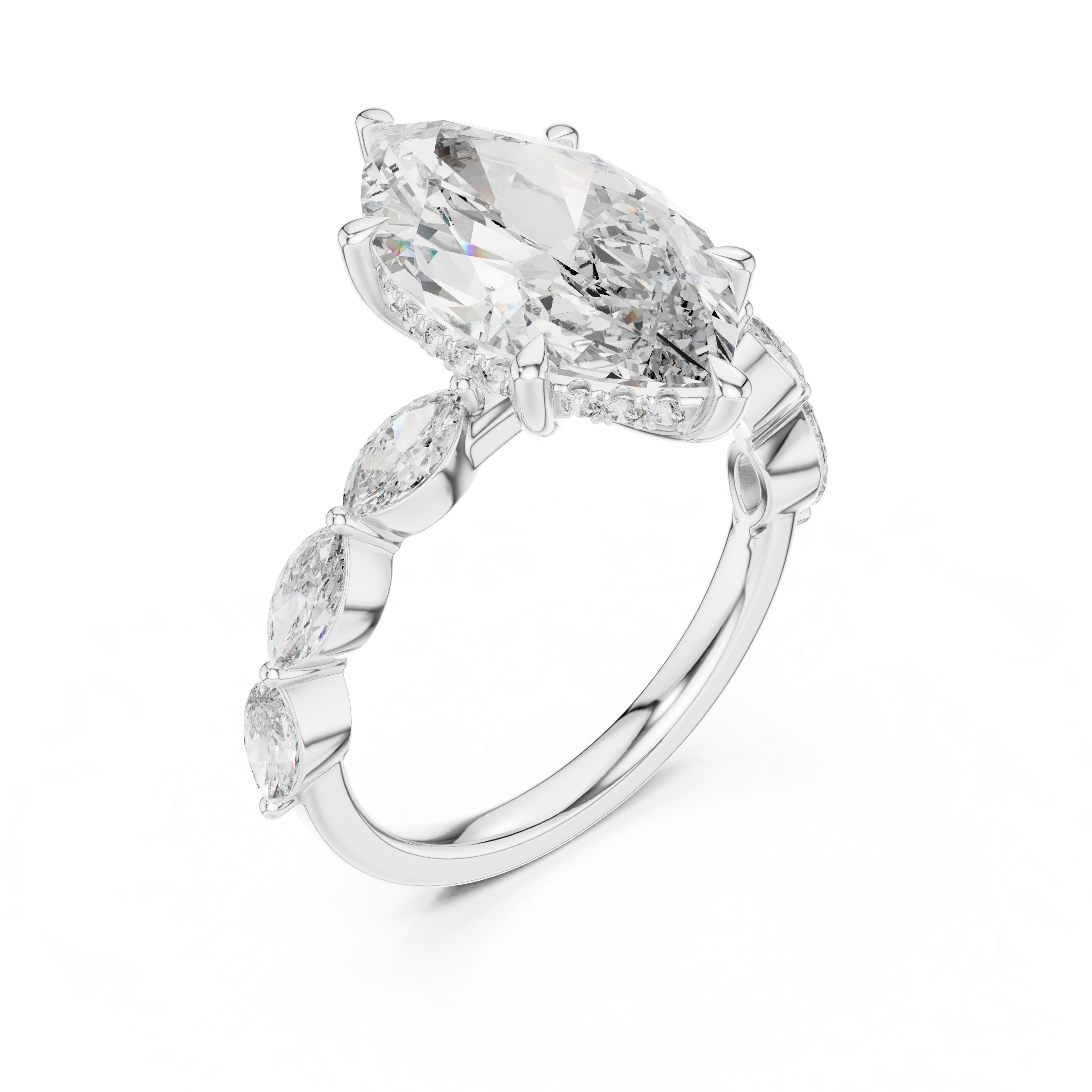 Marquise Cut Diamond Three Stone Ring with Graduated Side Accents