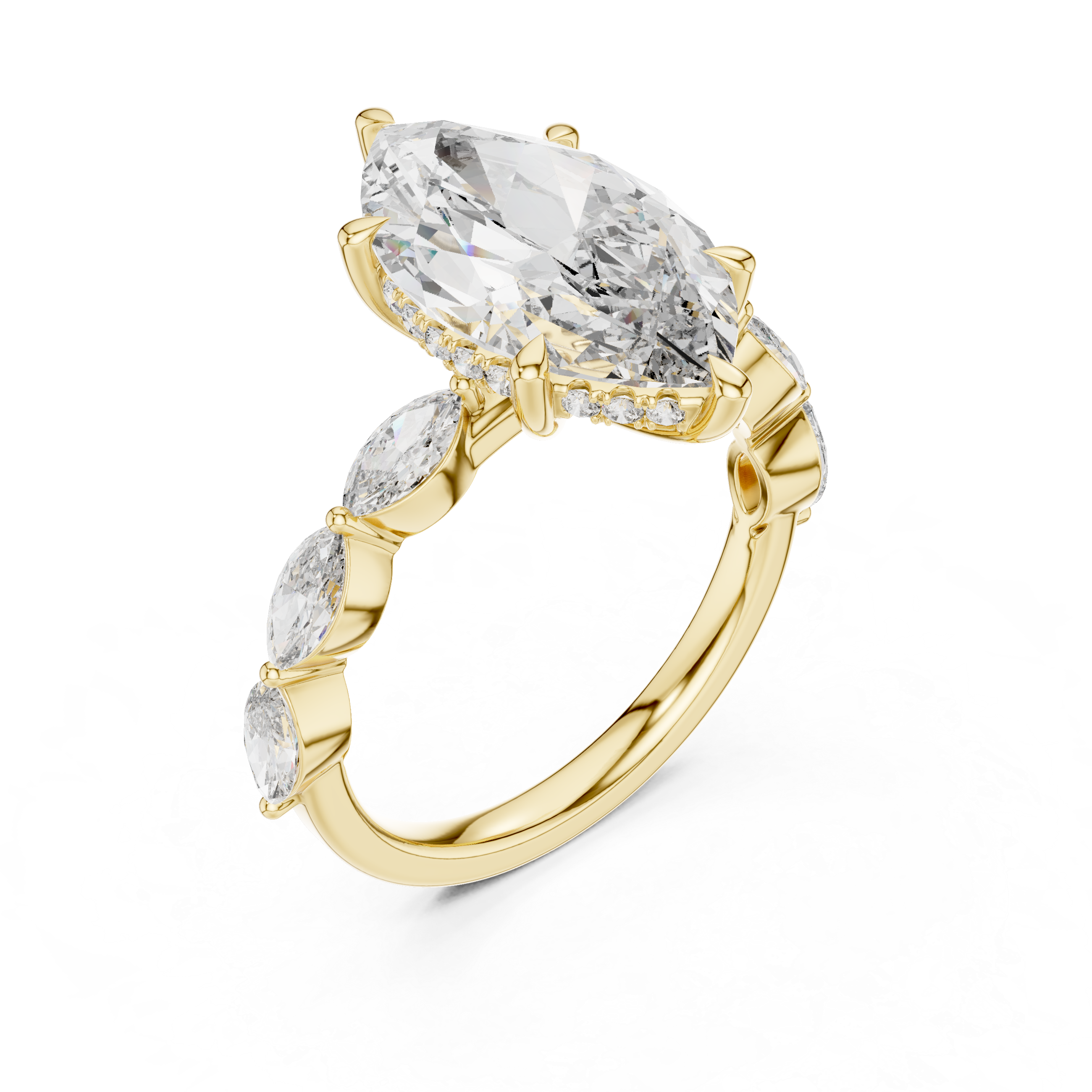 Marquise Cut Diamond Three Stone Ring with Graduated Side Accents
