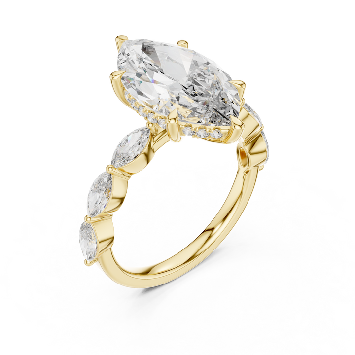 Marquise Cut Diamond Three Stone Ring with Graduated Side Accents