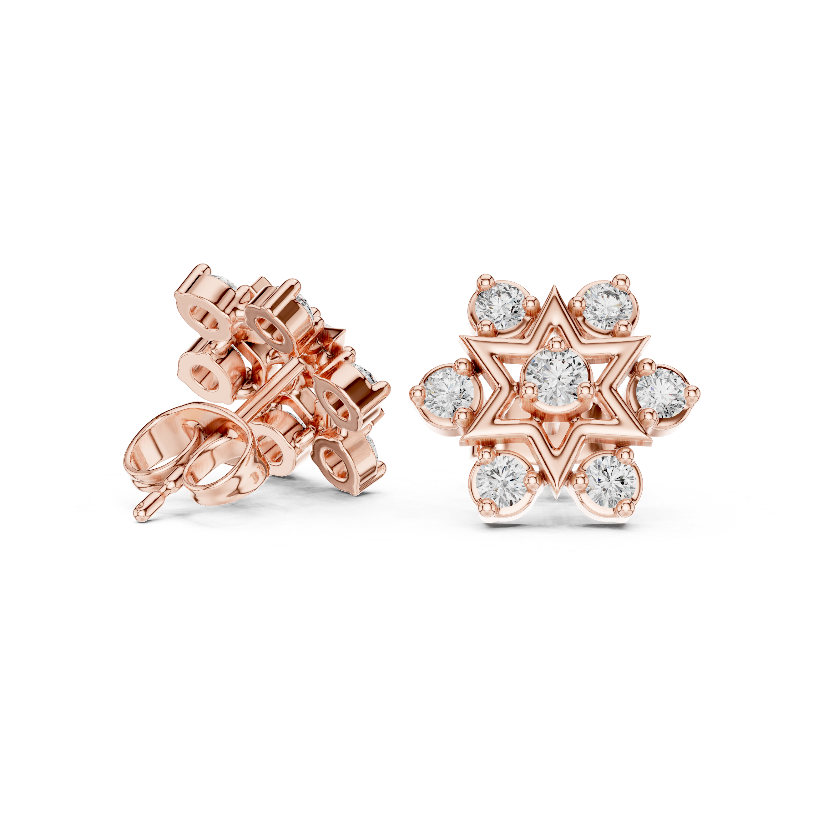 Round Cut Diamond Open Starburst Cluster Stud Earrings with Collet Setting