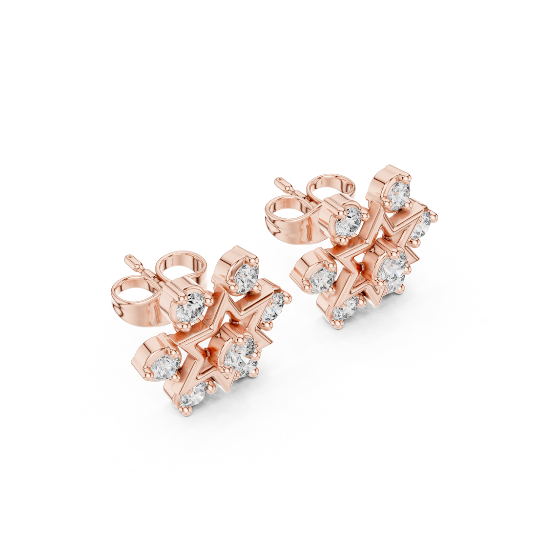 Round Cut Diamond Open Starburst Cluster Stud Earrings with Collet Setting