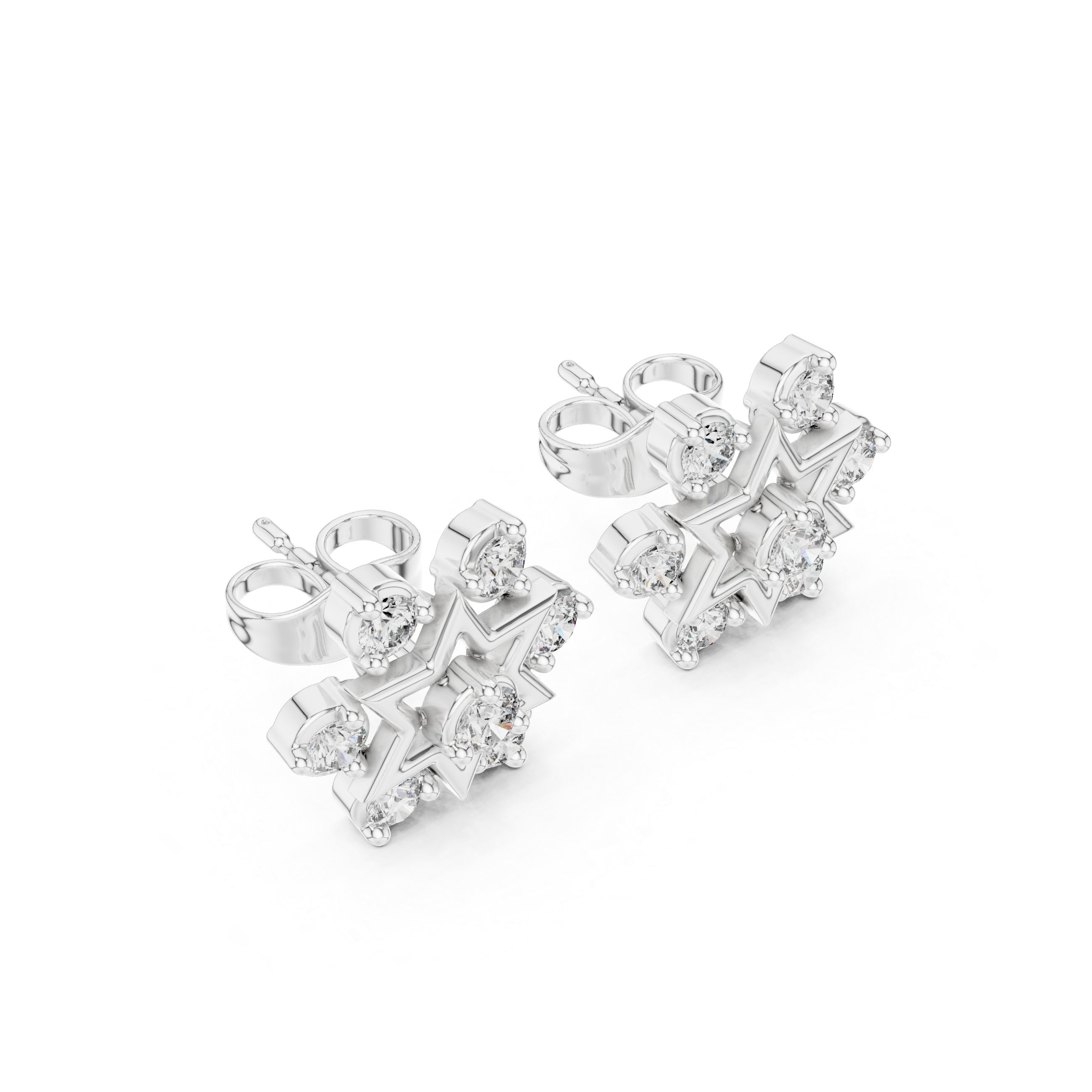 Round Cut Diamond Open Starburst Cluster Stud Earrings with Collet Setting