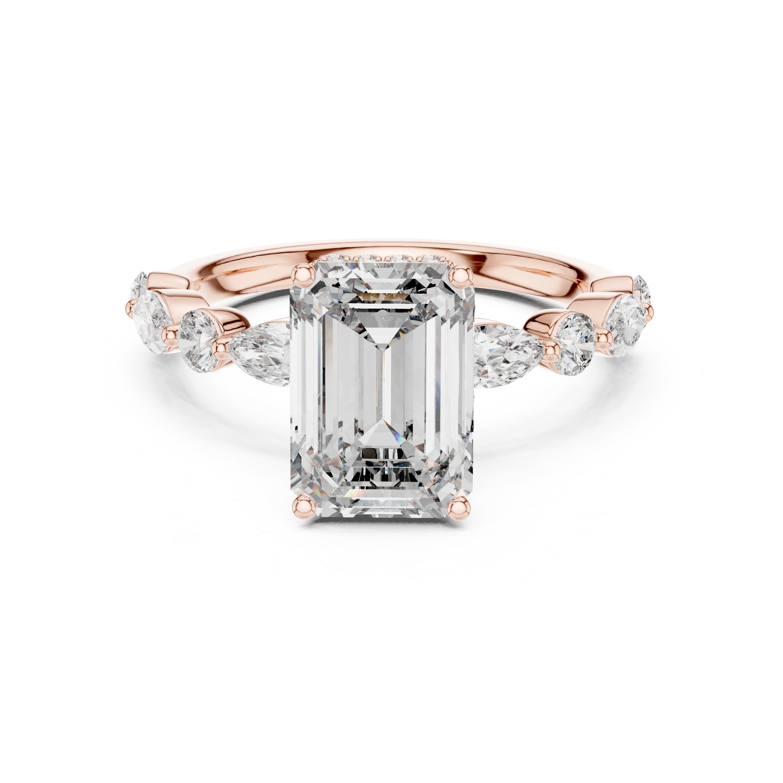 Emerald Cut Diamond Solitaire Ring with Marquise Side Accents