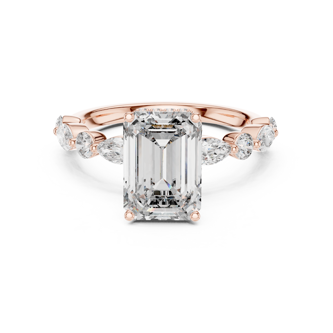 Emerald Cut Diamond Solitaire Ring with Marquise Side Accents