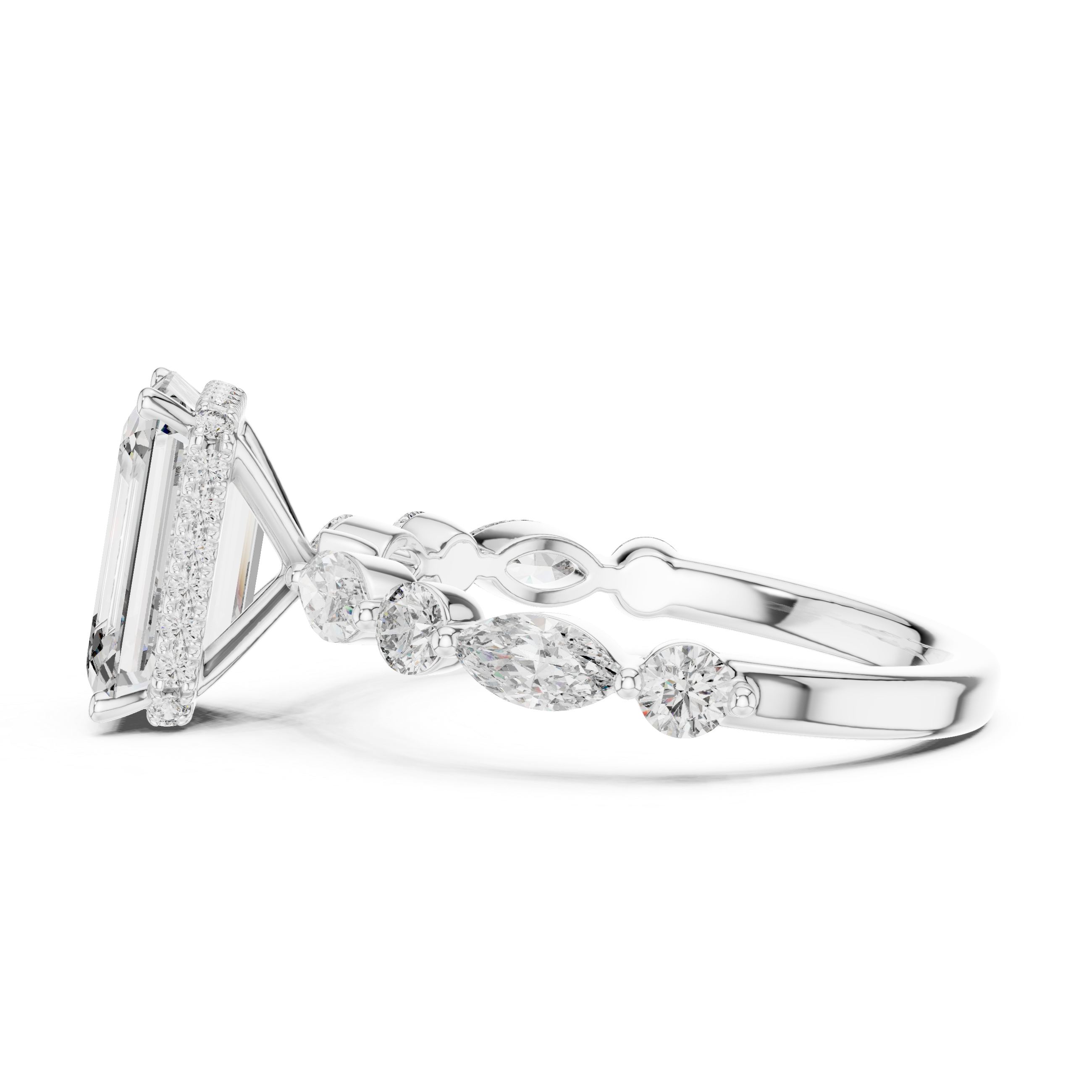 Emerald Cut Diamond Solitaire Ring with Marquise Side Accents
