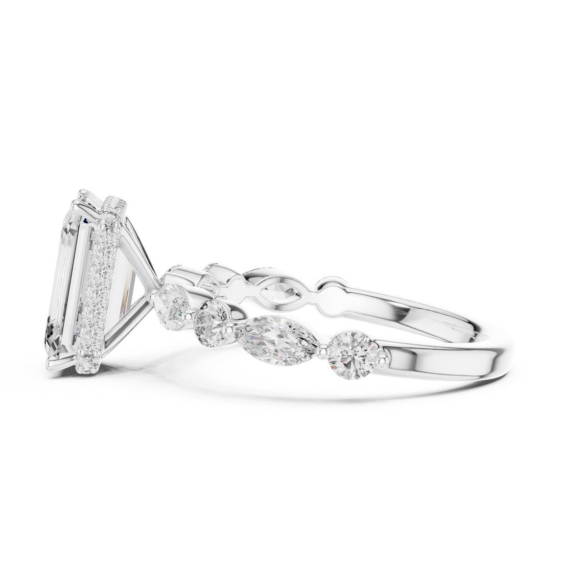 Emerald Cut Diamond Solitaire Ring with Marquise Side Accents