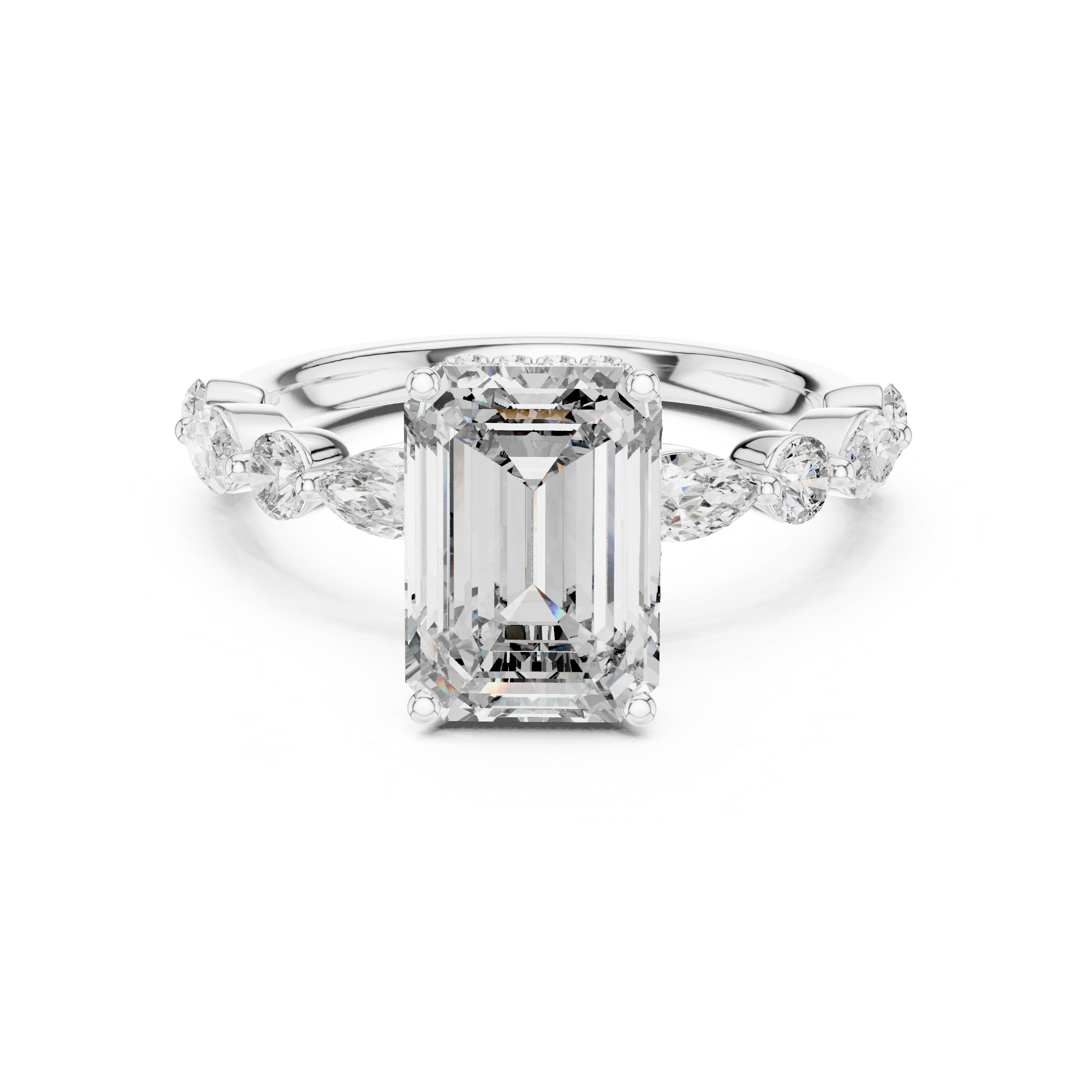 Emerald Cut Diamond Solitaire Ring with Marquise Side Accents