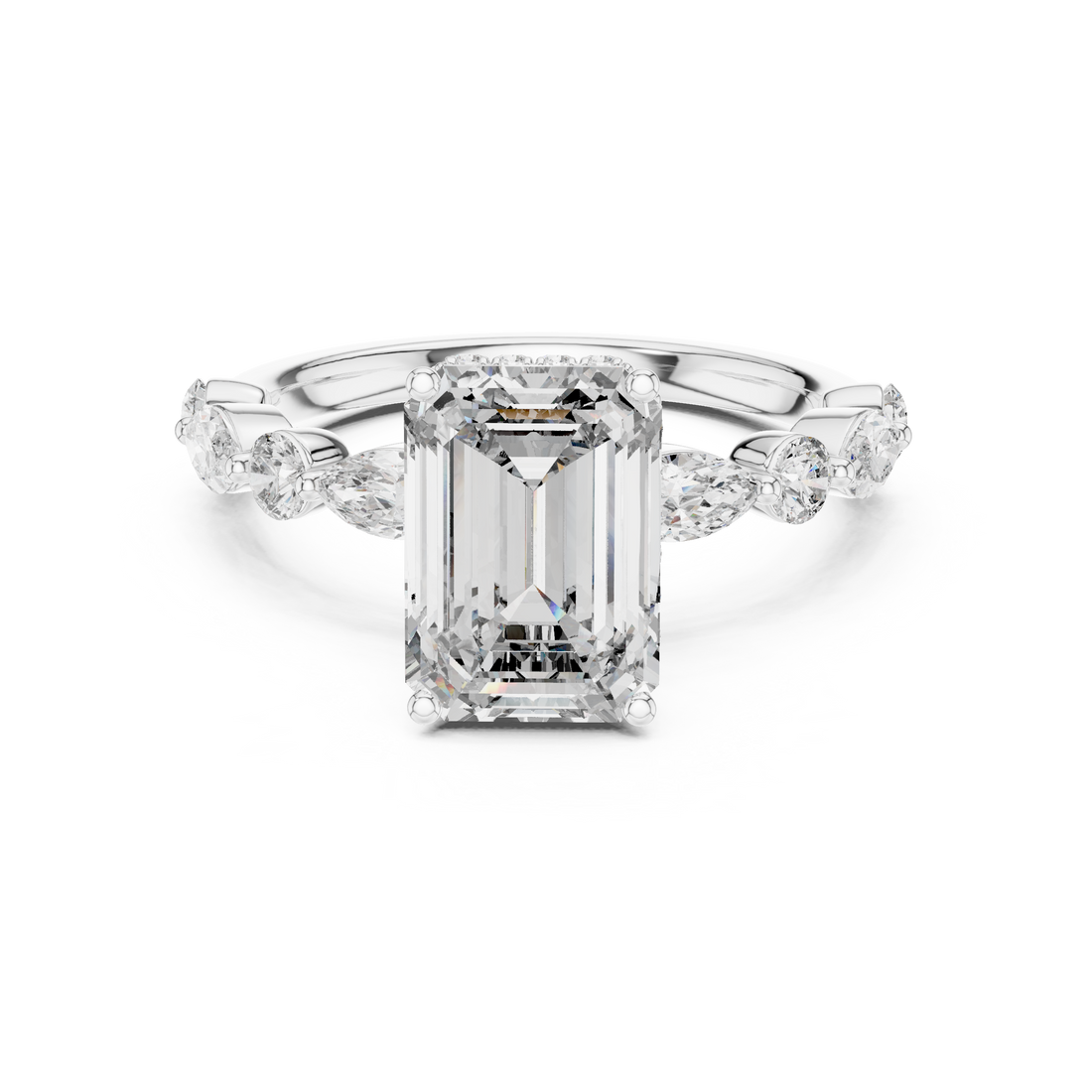 Emerald Cut Diamond Solitaire Ring with Marquise Side Accents