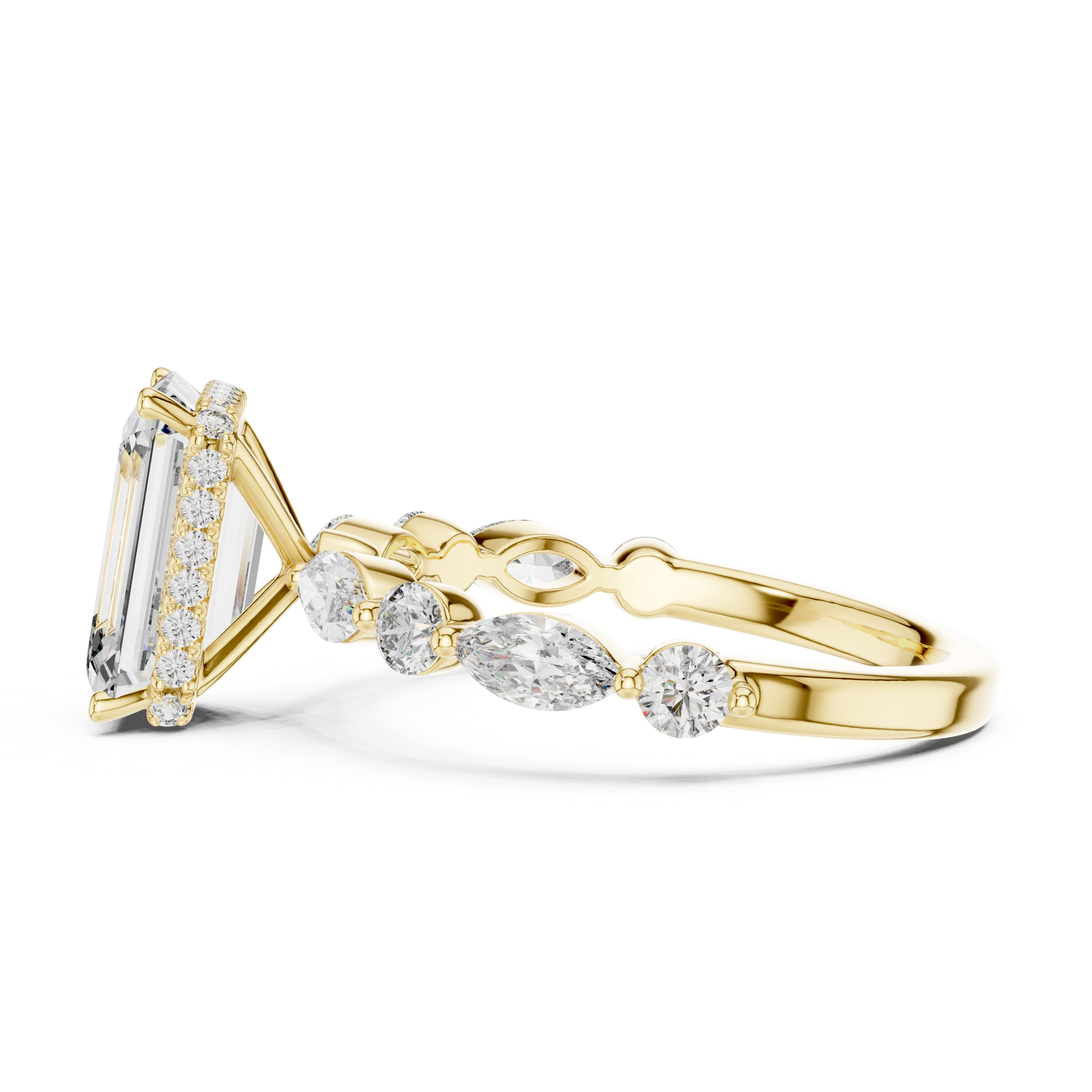 Emerald Cut Diamond Solitaire Ring with Marquise Side Accents