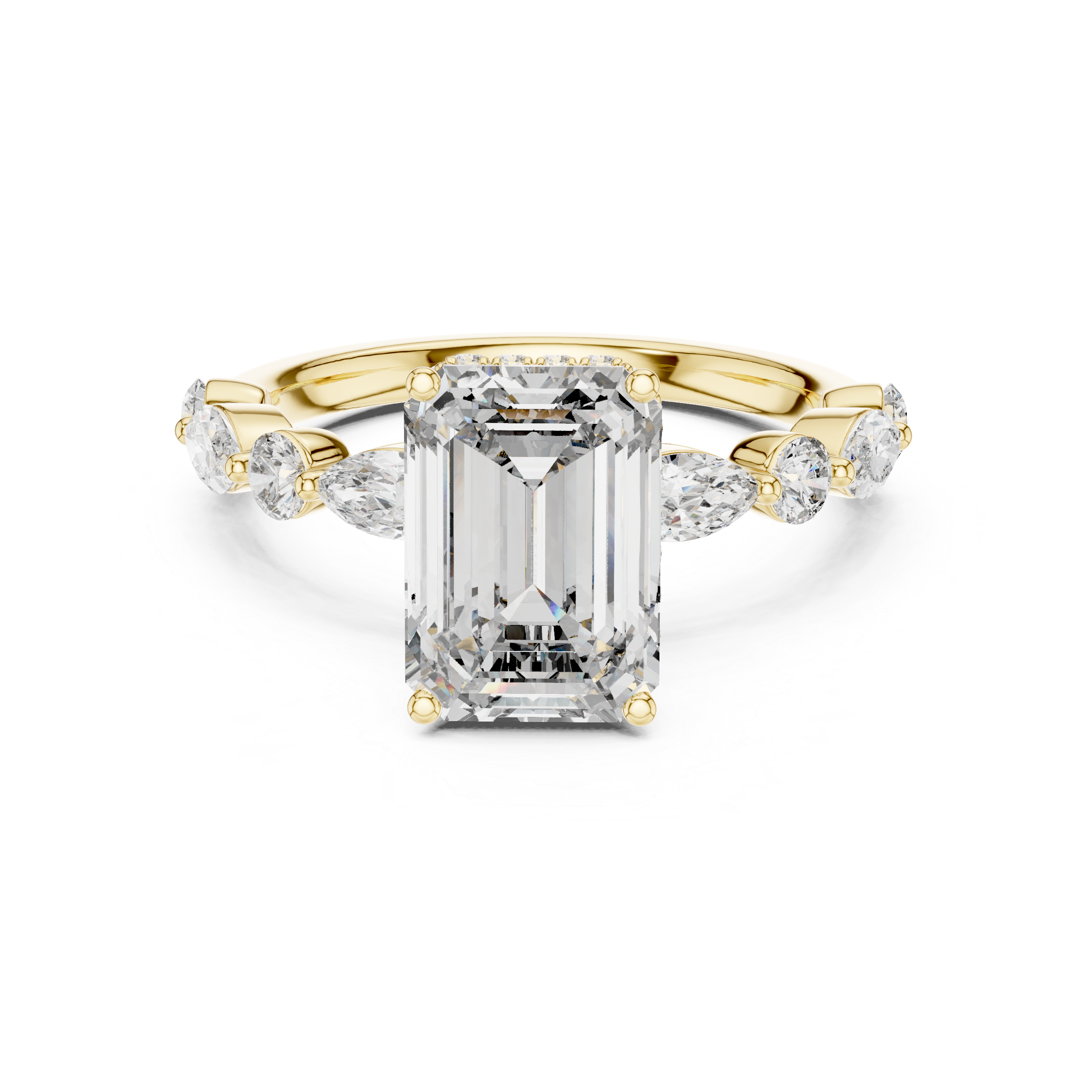 Emerald Cut Diamond Solitaire Ring with Marquise Side Accents
