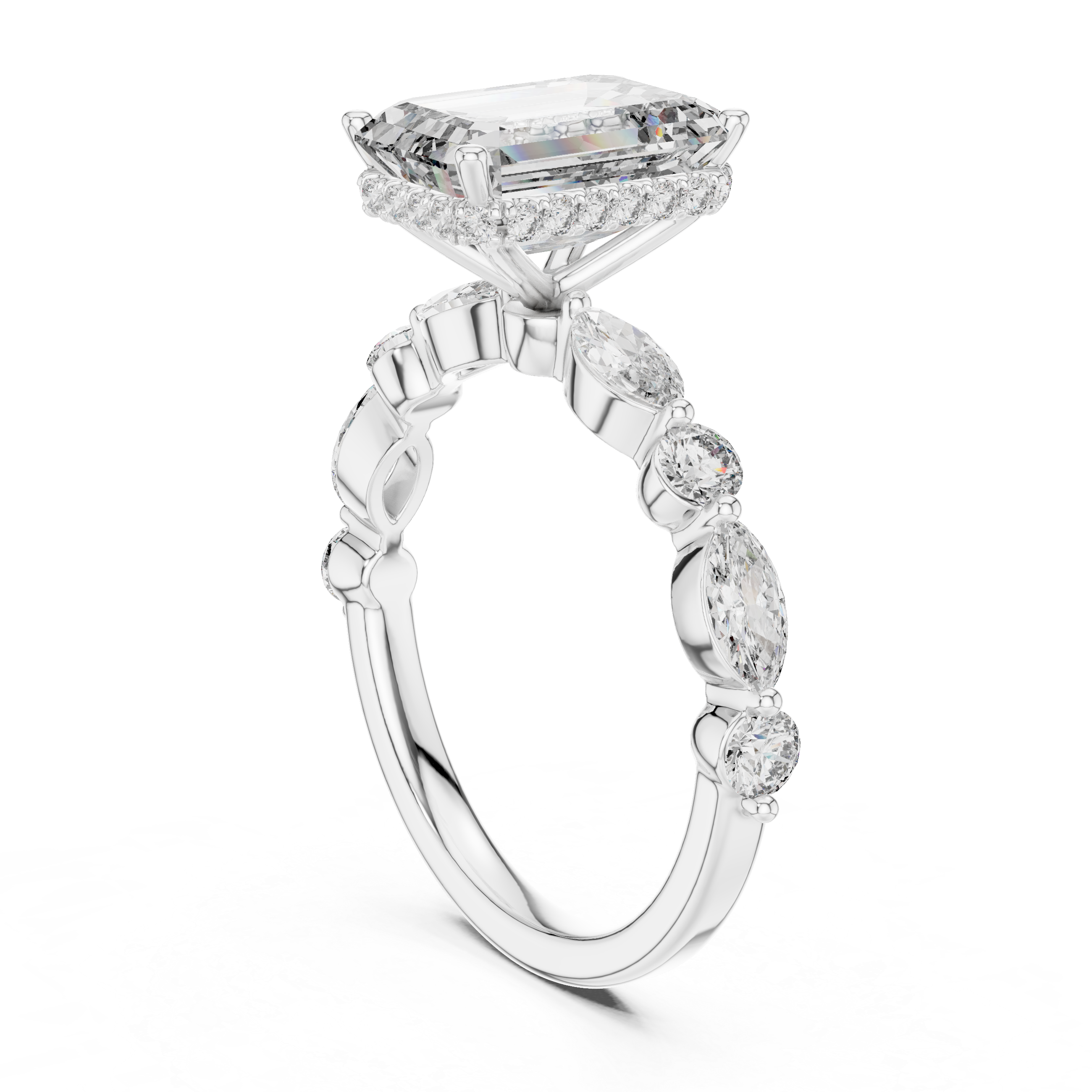 Emerald Cut Diamond Solitaire Ring with Marquise Side Accents