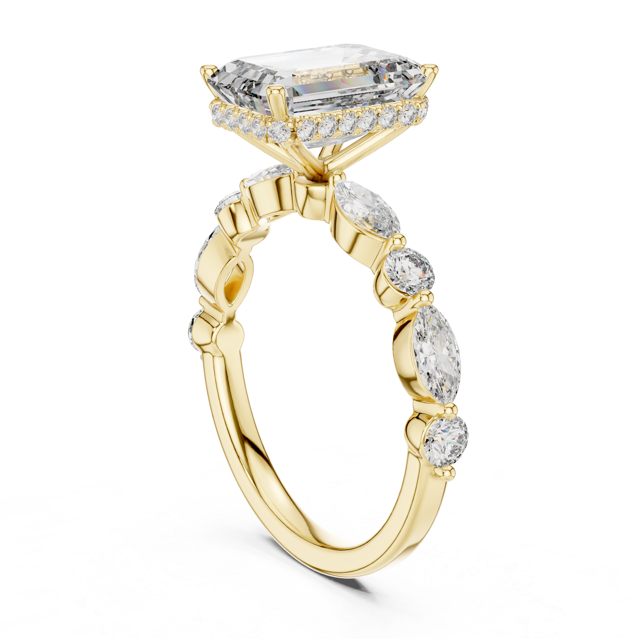 Emerald Cut Diamond Solitaire Ring with Marquise Side Accents