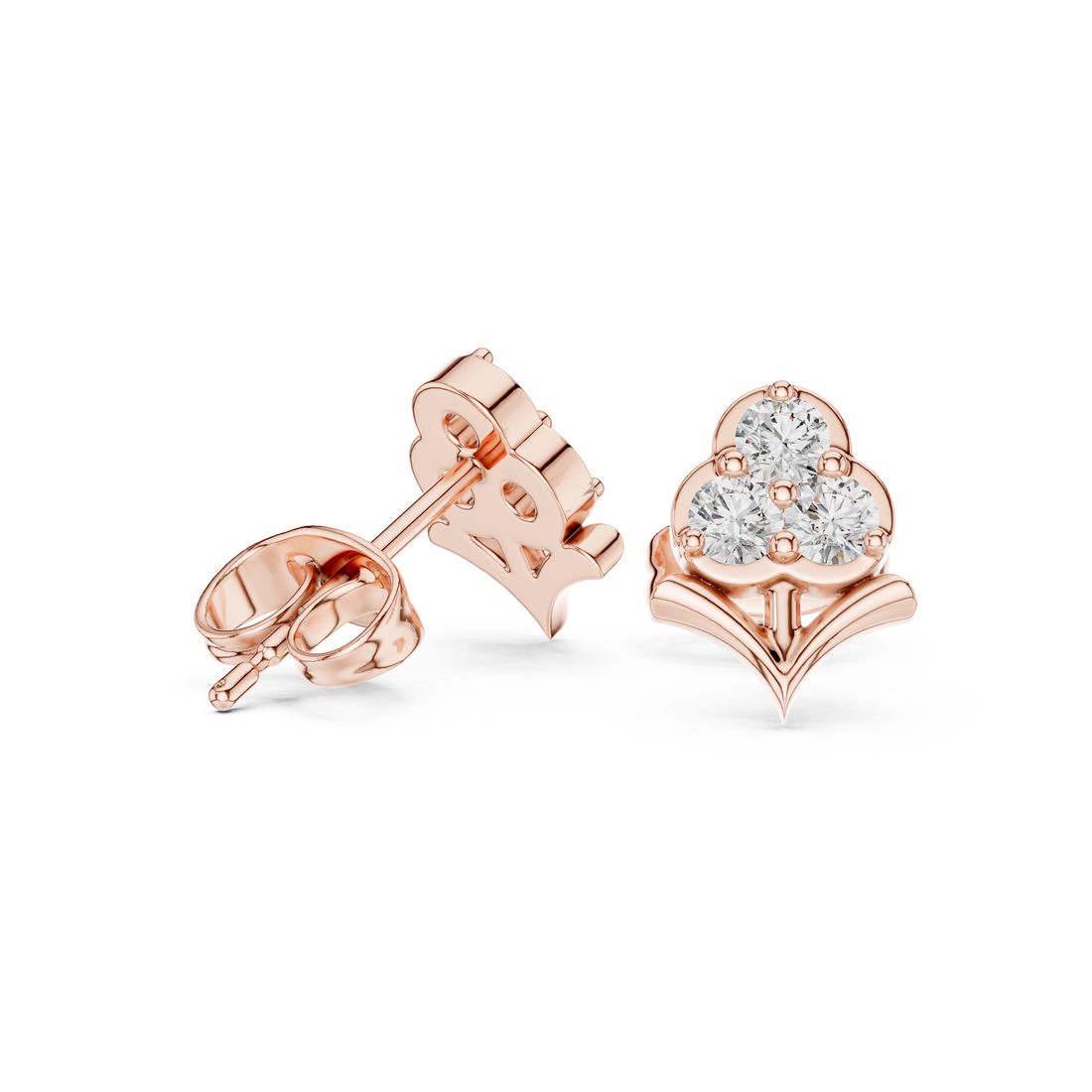 Round Cut Diamond Trio Floral Cluster Petal Motif Stud Earrings in Collet Setting