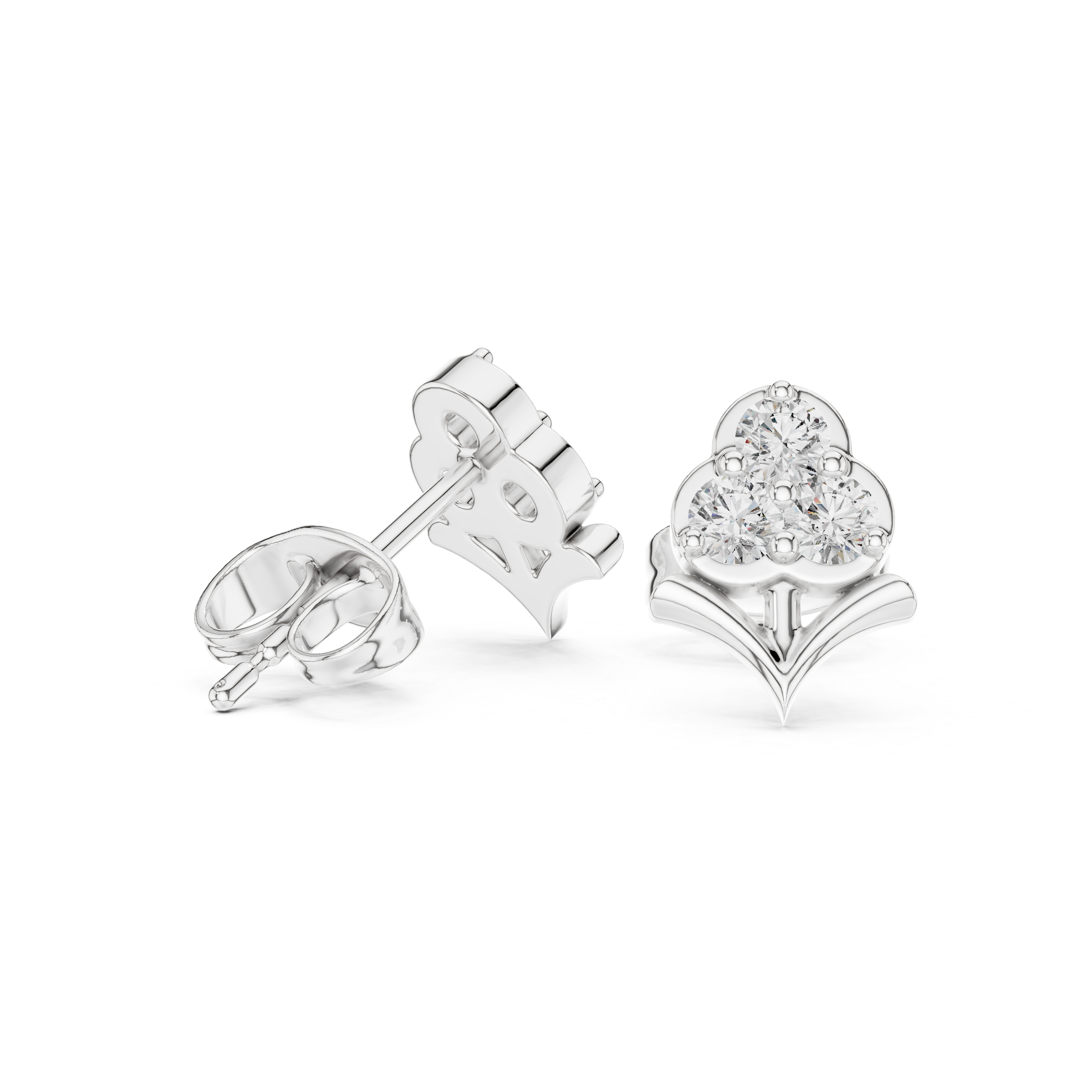 Round Cut Diamond Trio Floral Cluster Petal Motif Stud Earrings in Collet Setting