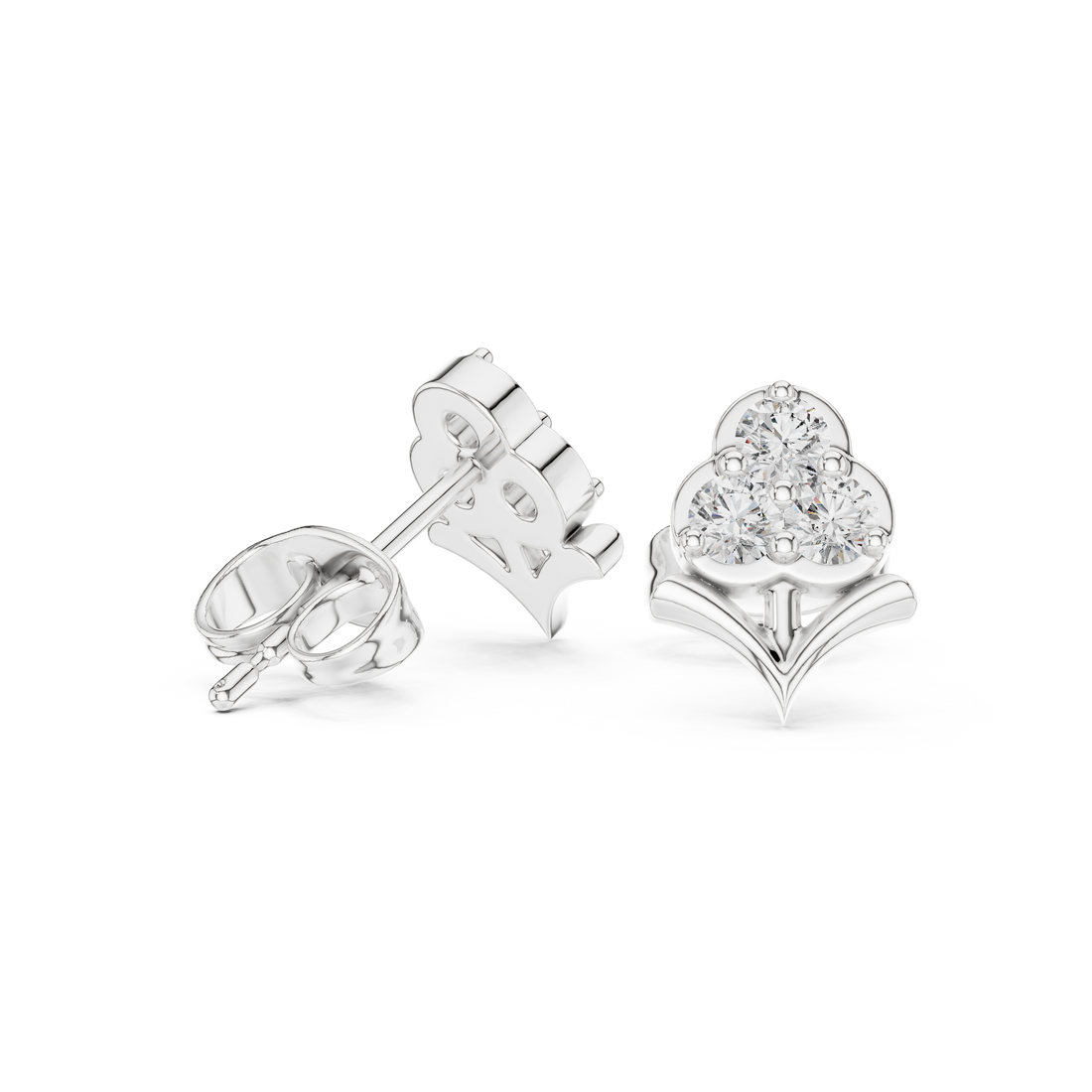 Round Cut Diamond Trio Floral Cluster Petal Motif Stud Earrings in Collet Setting
