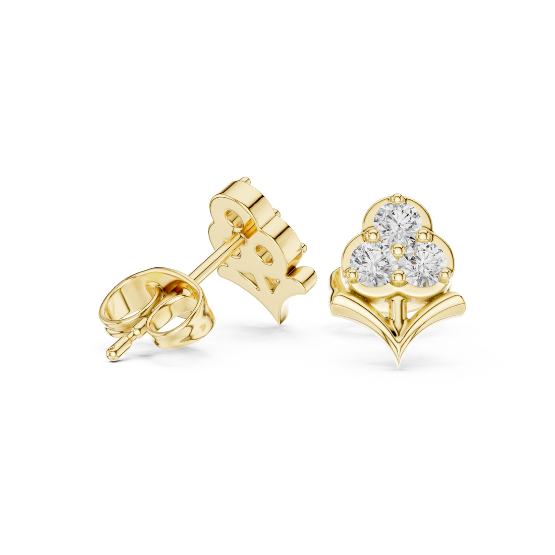 Round Cut Diamond Trio Floral Cluster Petal Motif Stud Earrings in Collet Setting