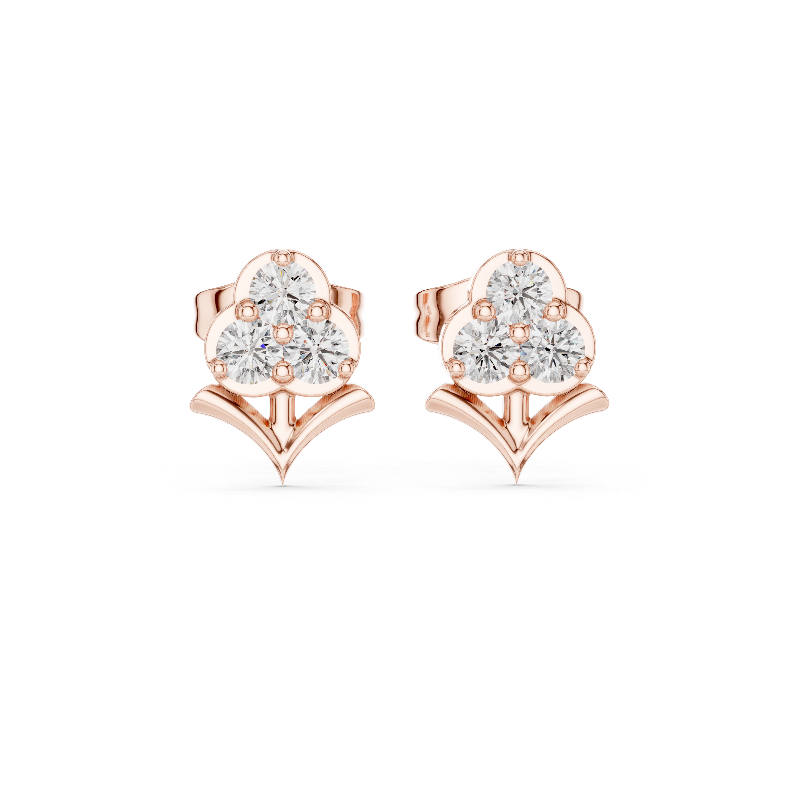 Round Cut Diamond Trio Floral Cluster Petal Motif Stud Earrings in Collet Setting
