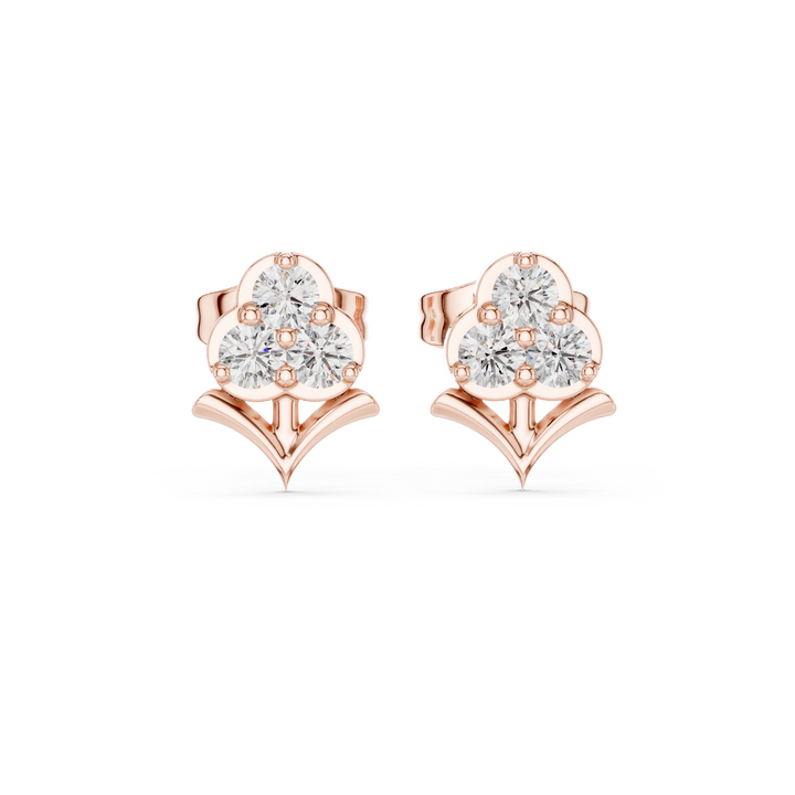 Round Cut Diamond Trio Floral Cluster Petal Motif Stud Earrings in Collet Setting