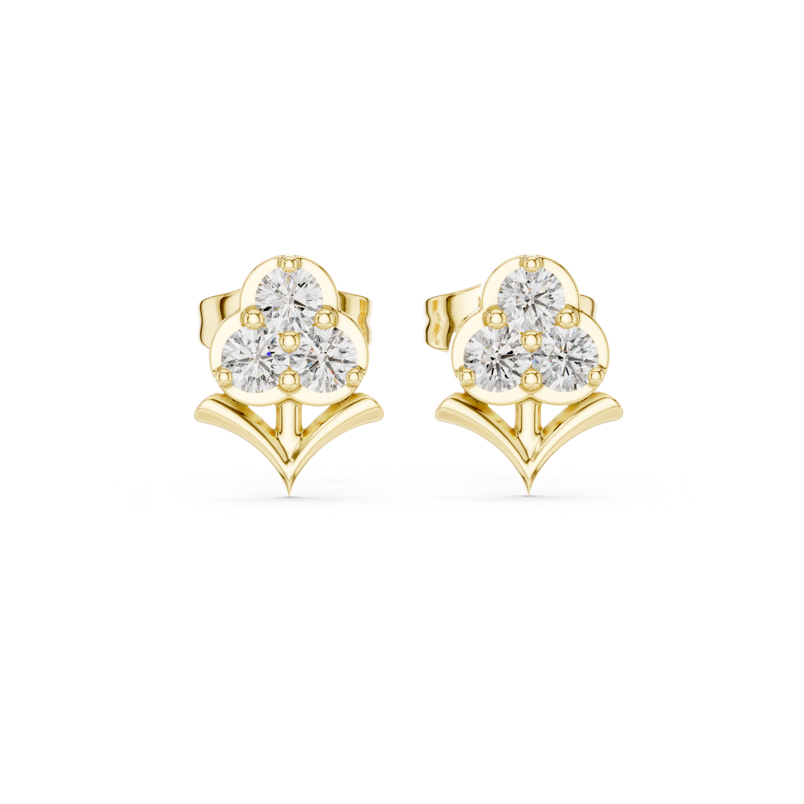 Round Cut Diamond Trio Floral Cluster Petal Motif Stud Earrings in Collet Setting