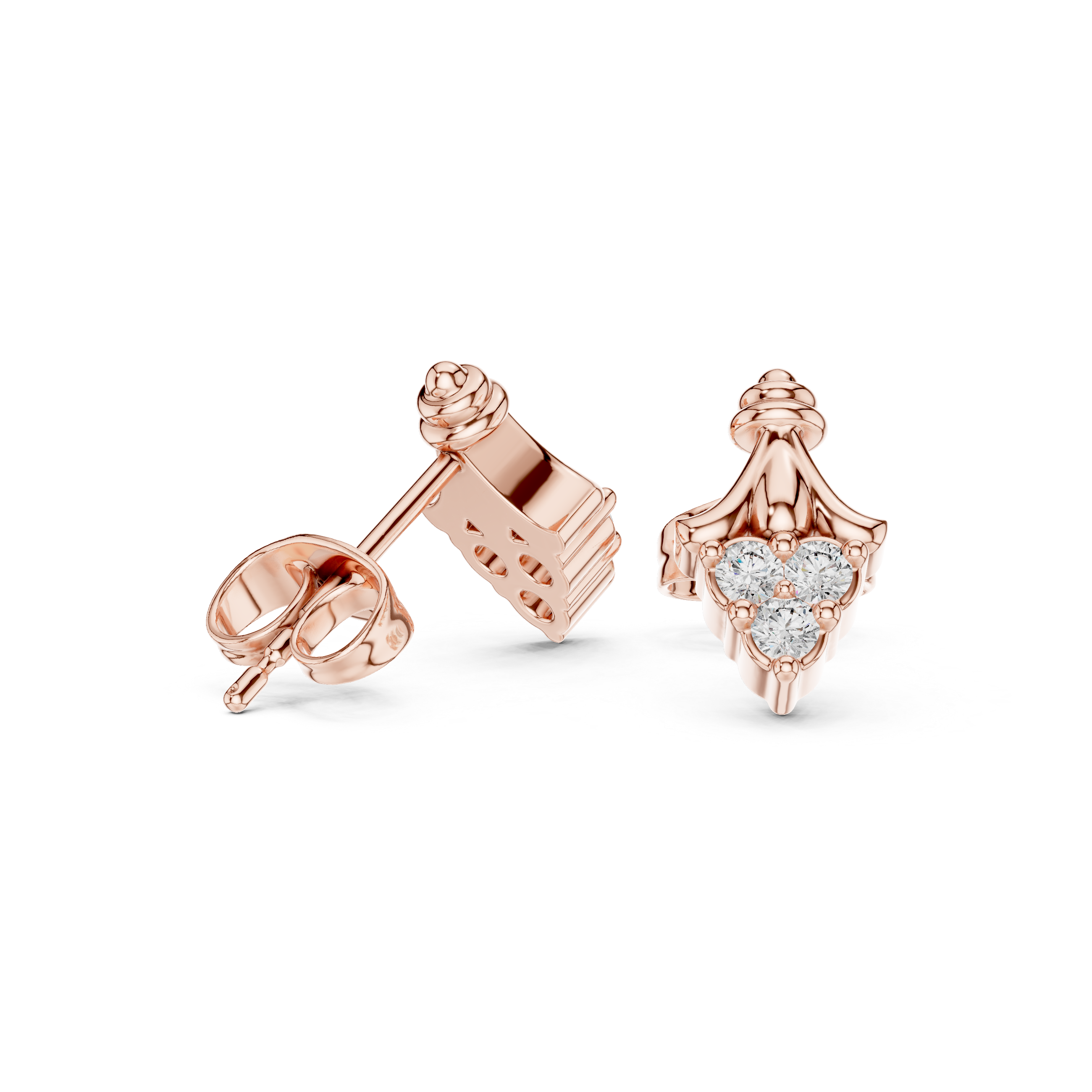 Round Cut Diamond Trio Teardrop Cluster Fan Motif Stud Earrings in Collet Setting