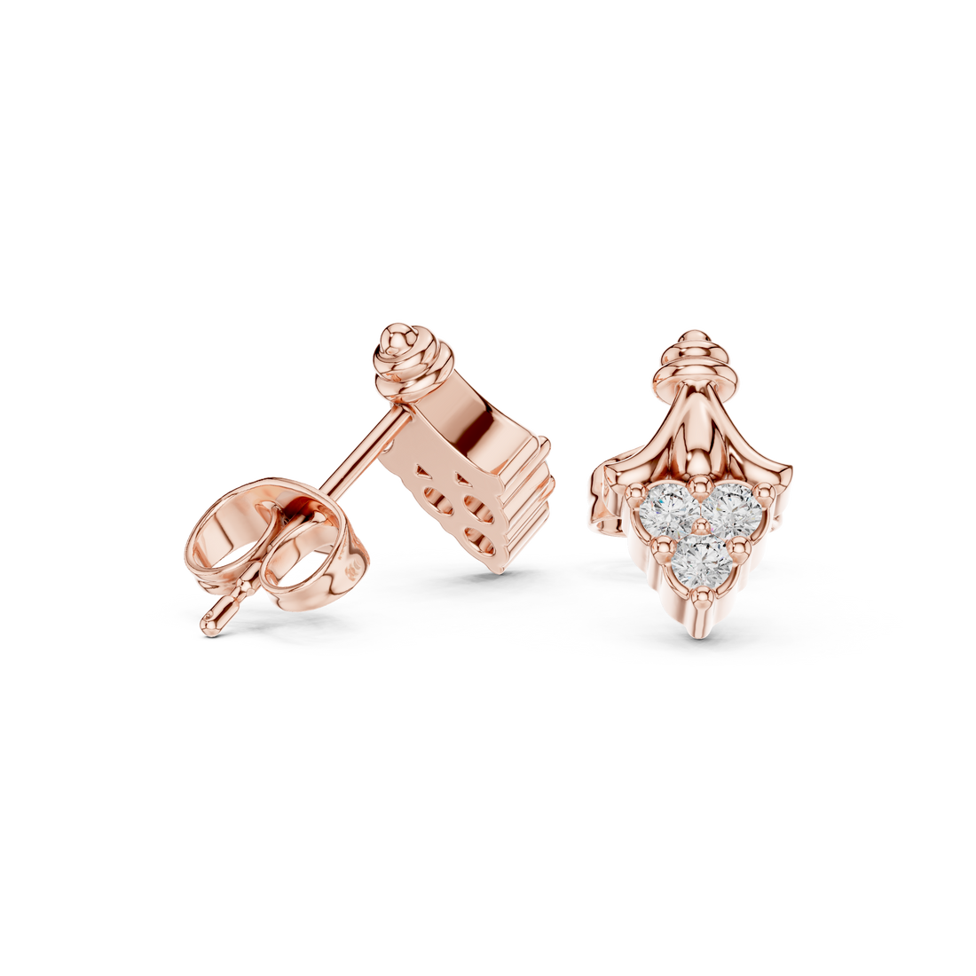 Round Cut Diamond Trio Teardrop Cluster Fan Motif Stud Earrings in Collet Setting