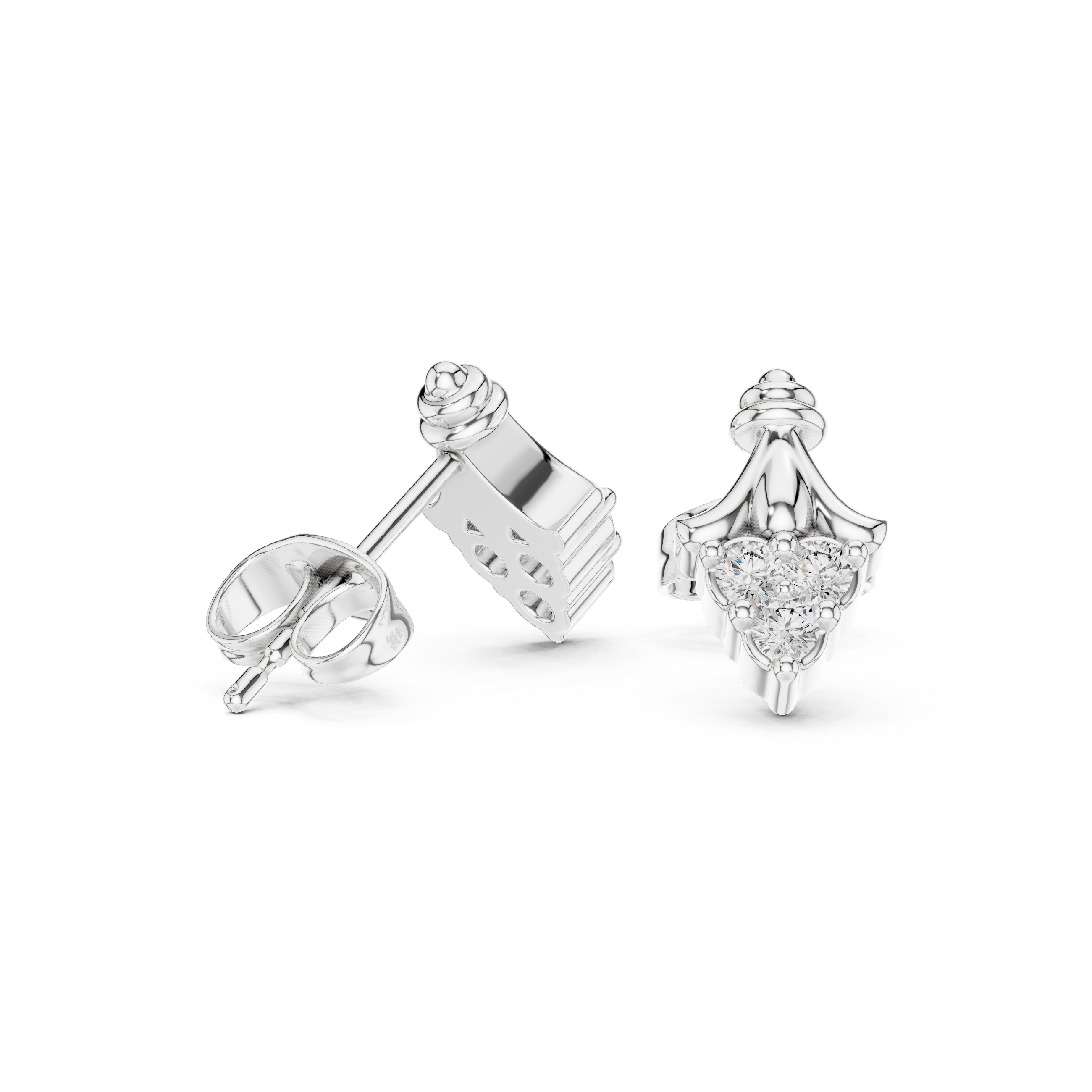 Round Cut Diamond Trio Teardrop Cluster Fan Motif Stud Earrings in Collet Setting