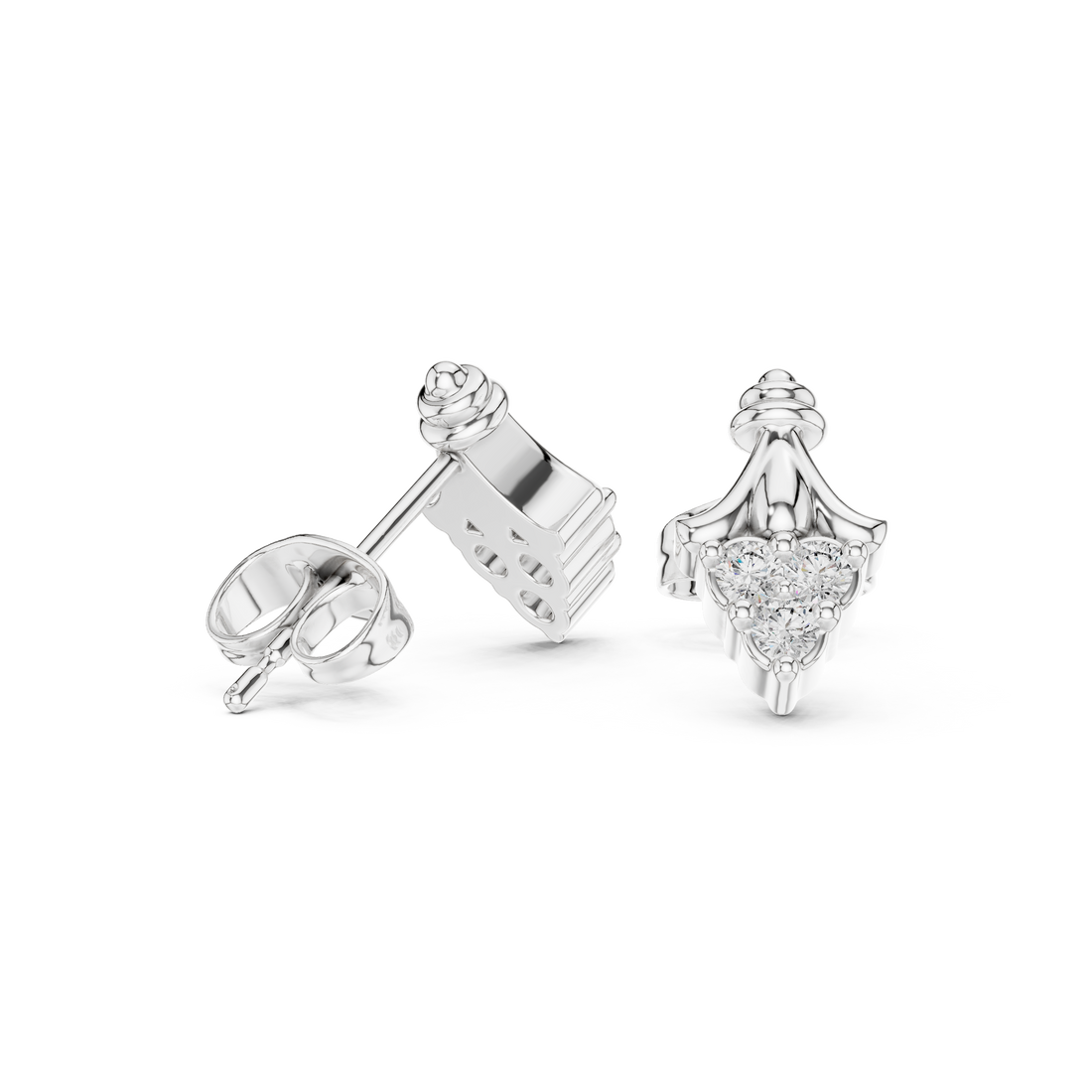 Round Cut Diamond Trio Teardrop Cluster Fan Motif Stud Earrings in Collet Setting