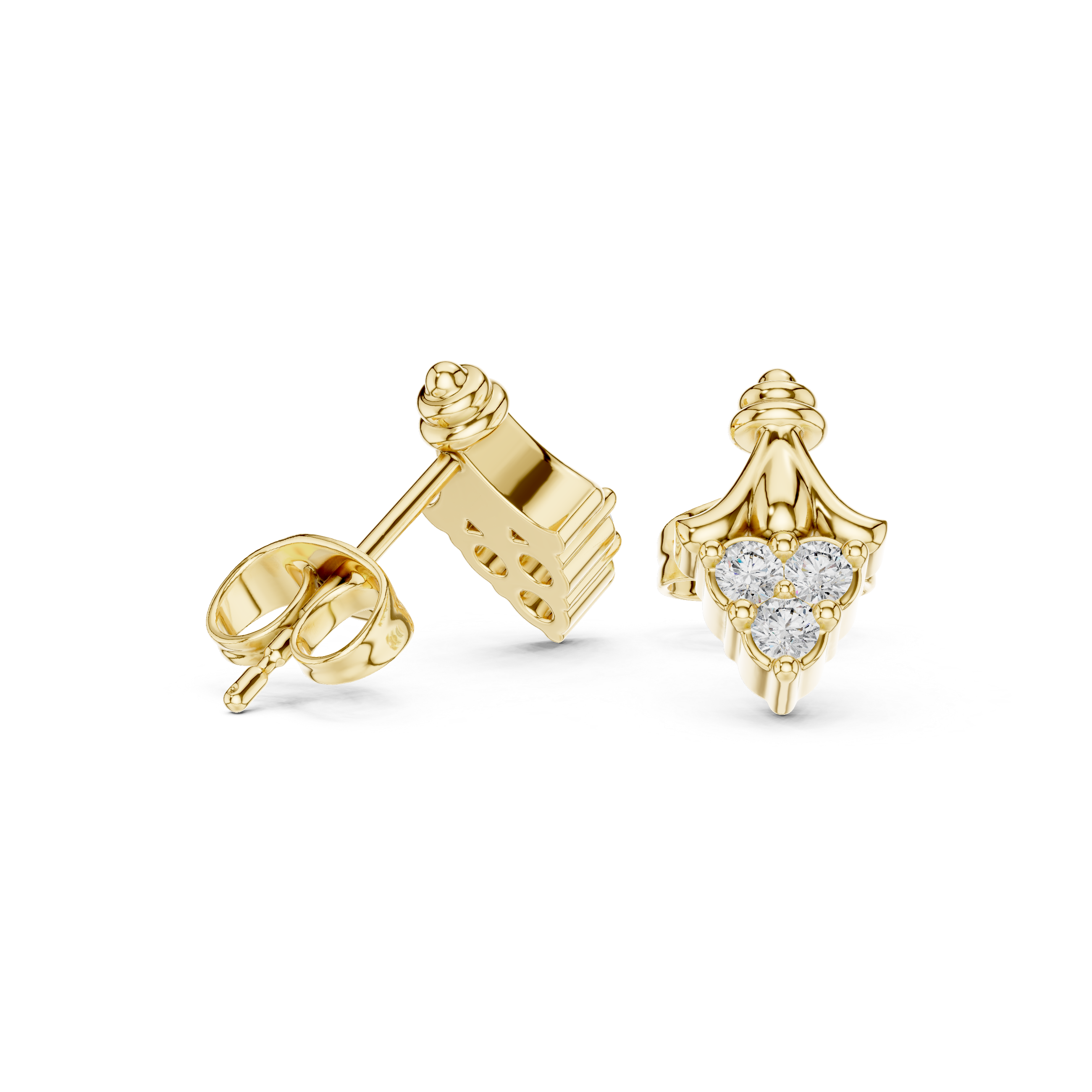 Round Cut Diamond Trio Teardrop Cluster Fan Motif Stud Earrings in Collet Setting