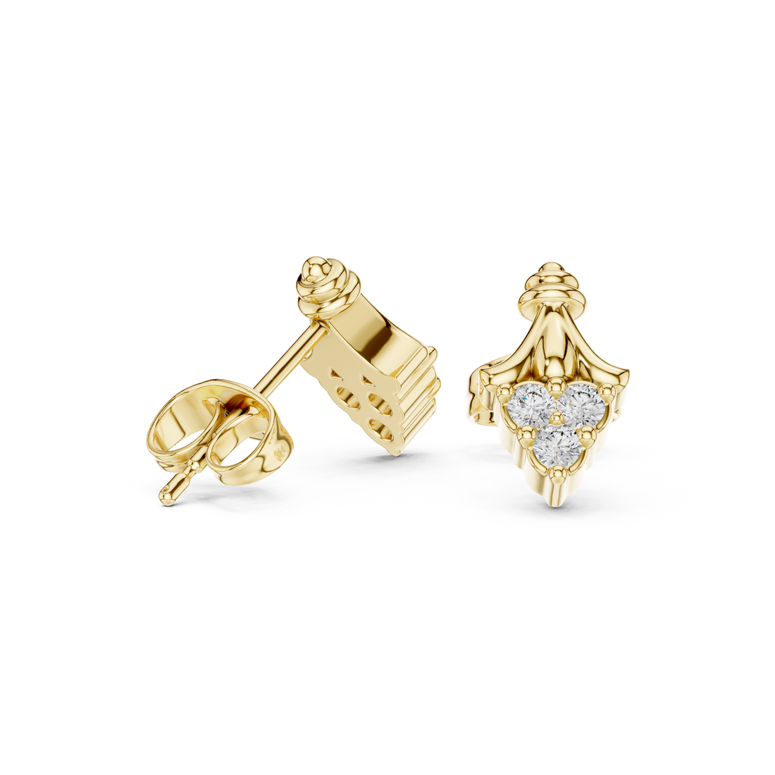 Round Cut Diamond Trio Teardrop Cluster Fan Motif Stud Earrings in Collet Setting