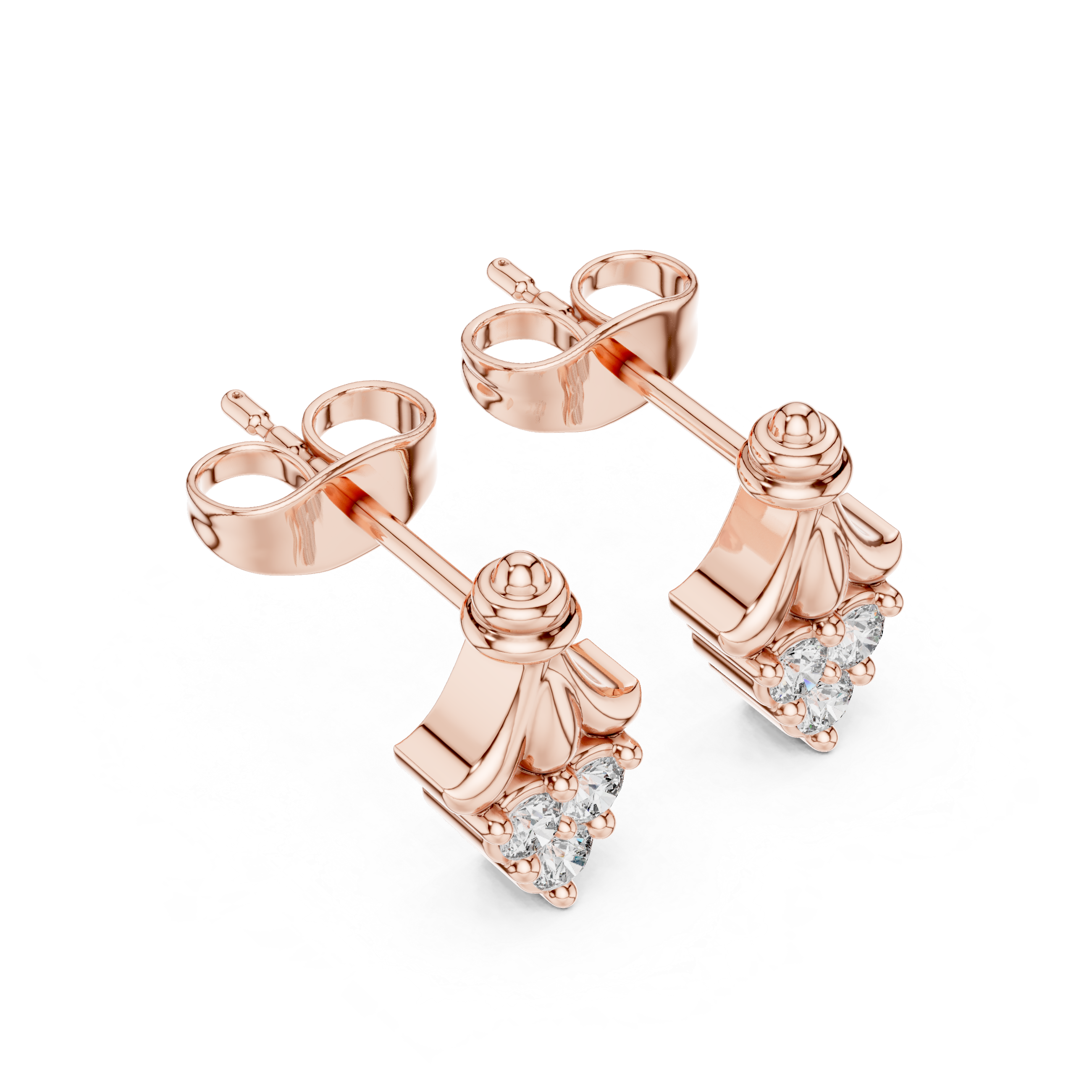 Round Cut Diamond Trio Teardrop Cluster Fan Motif Stud Earrings in Collet Setting