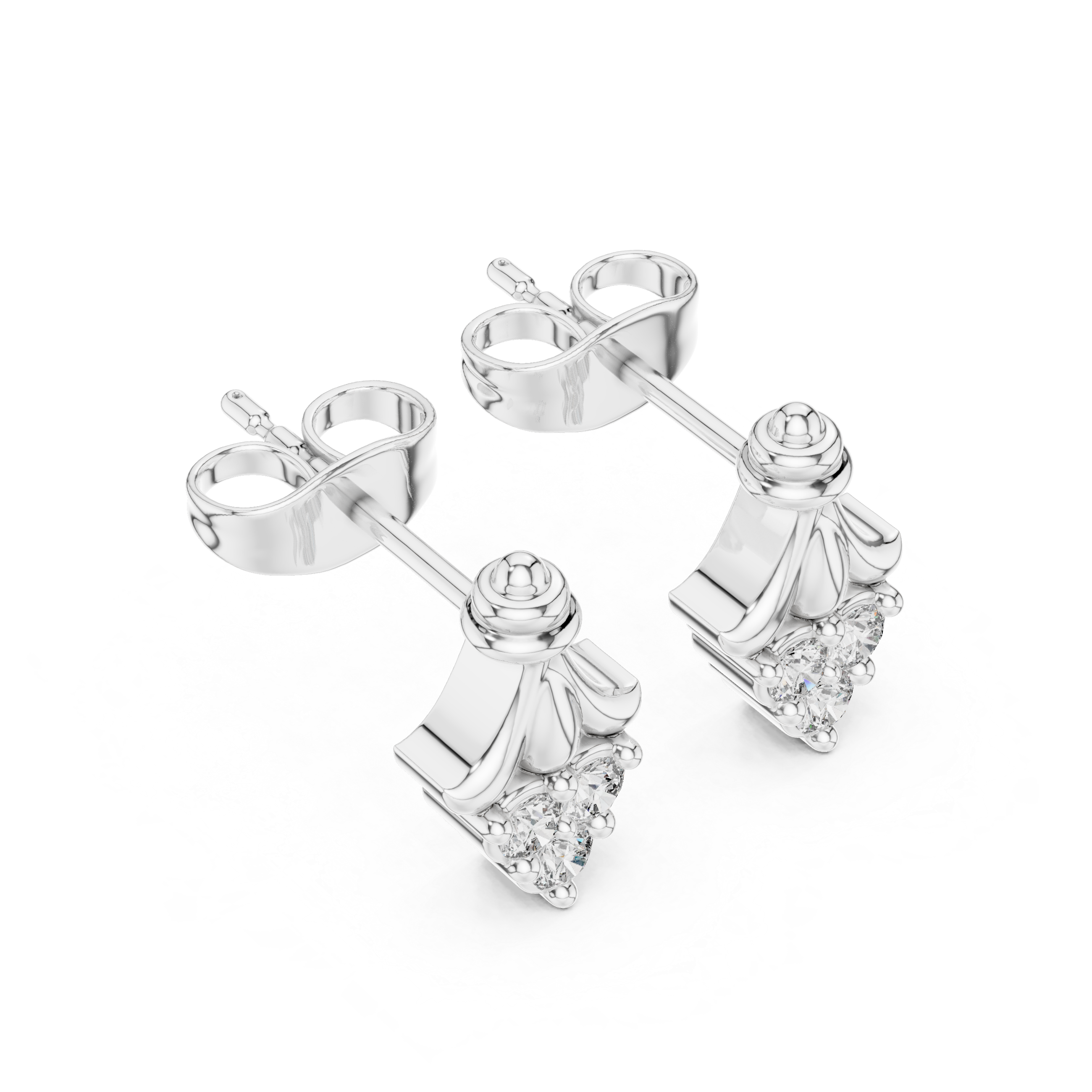 Round Cut Diamond Trio Teardrop Cluster Fan Motif Stud Earrings in Collet Setting