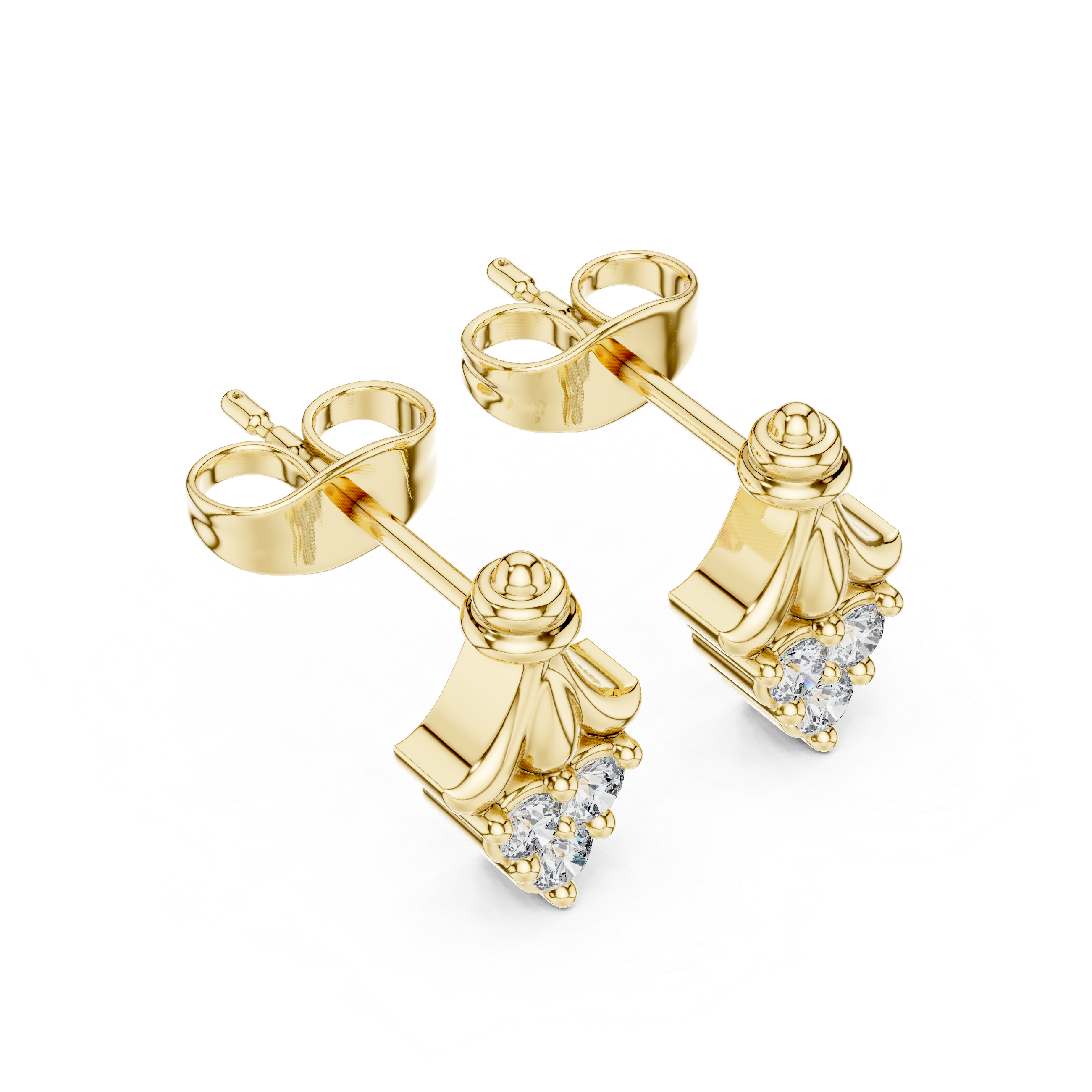 Round Cut Diamond Trio Teardrop Cluster Fan Motif Stud Earrings in Collet Setting