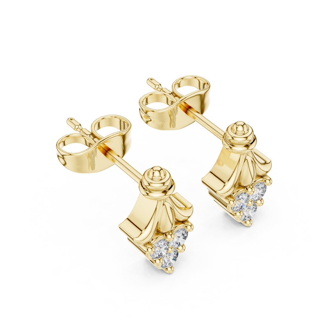 Round Cut Diamond Trio Teardrop Cluster Fan Motif Stud Earrings in Collet Setting