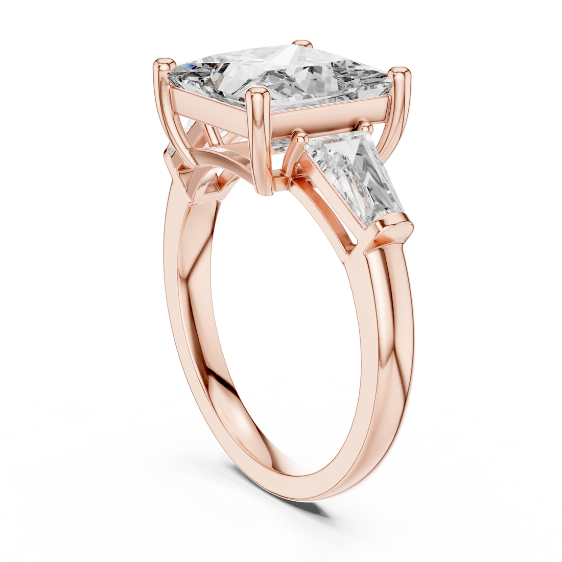 Princess Cut Three Stone Diamond Engagement Ring with Tapered Side Diamonds