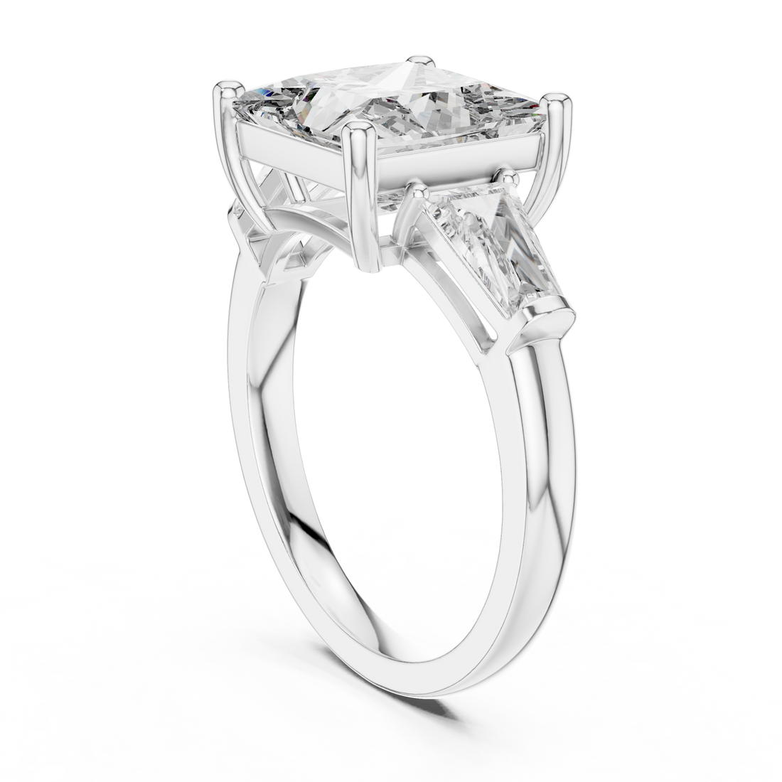 Princess Cut Three Stone Diamond Engagement Ring with Tapered Side Diamonds