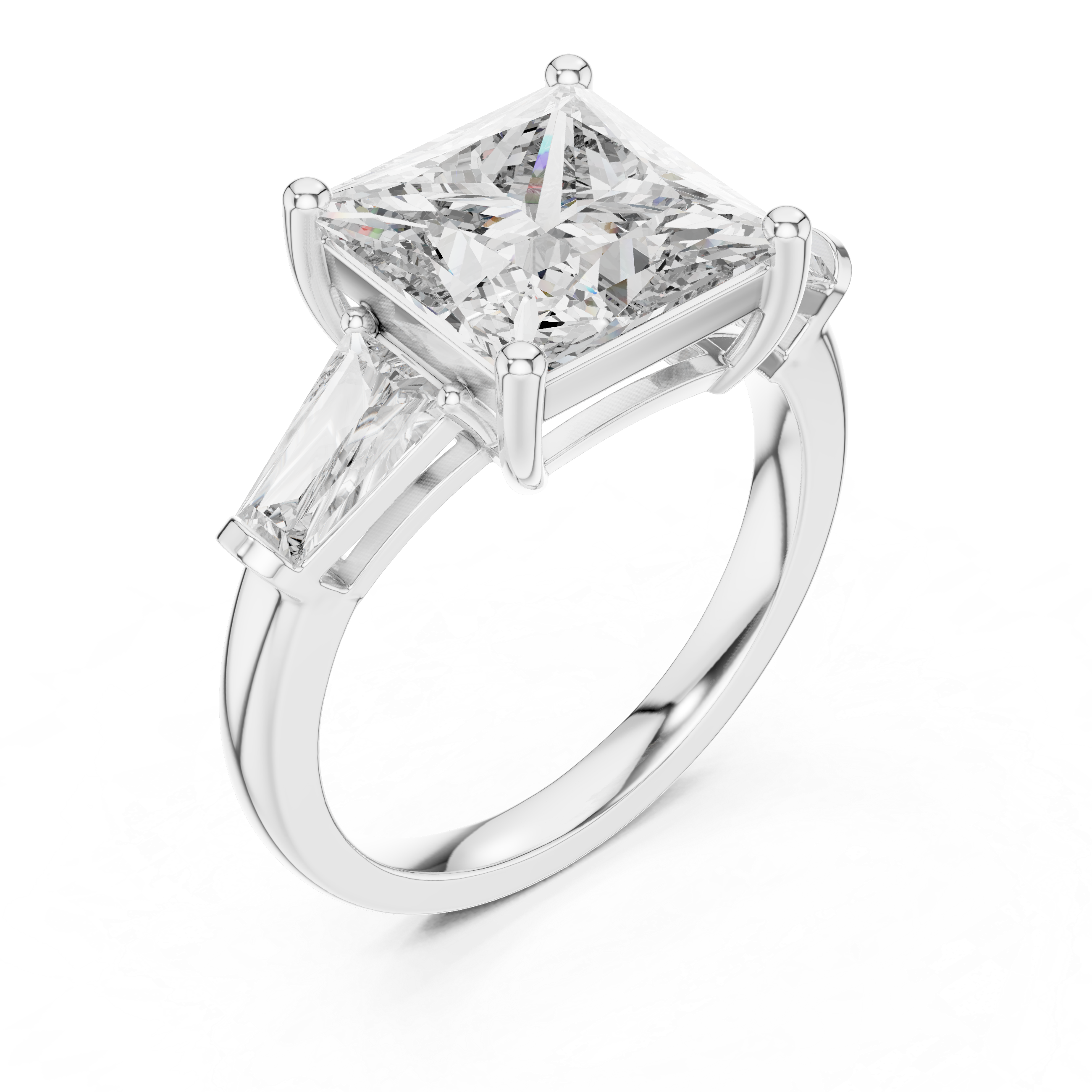 Princess Cut Three Stone Diamond Engagement Ring with Tapered Side Diamonds