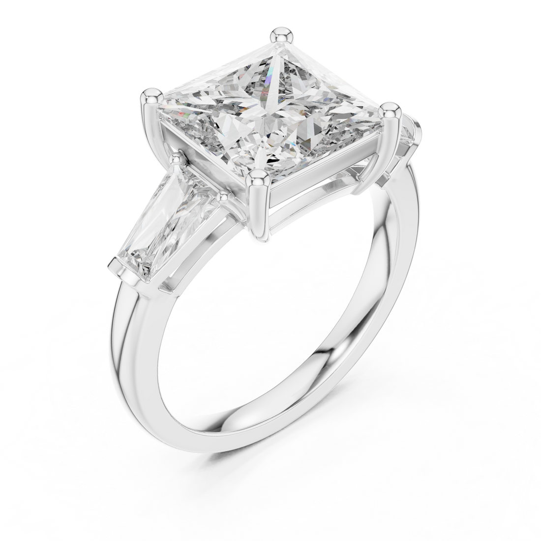 Princess Cut Three Stone Diamond Engagement Ring with Tapered Side Diamonds