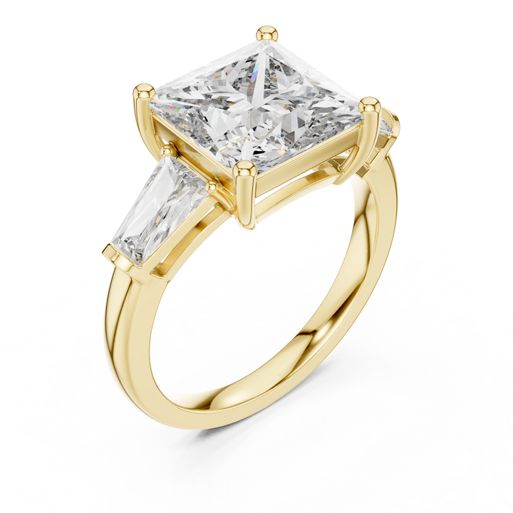 Princess Cut Three Stone Diamond Engagement Ring with Tapered Side Diamonds