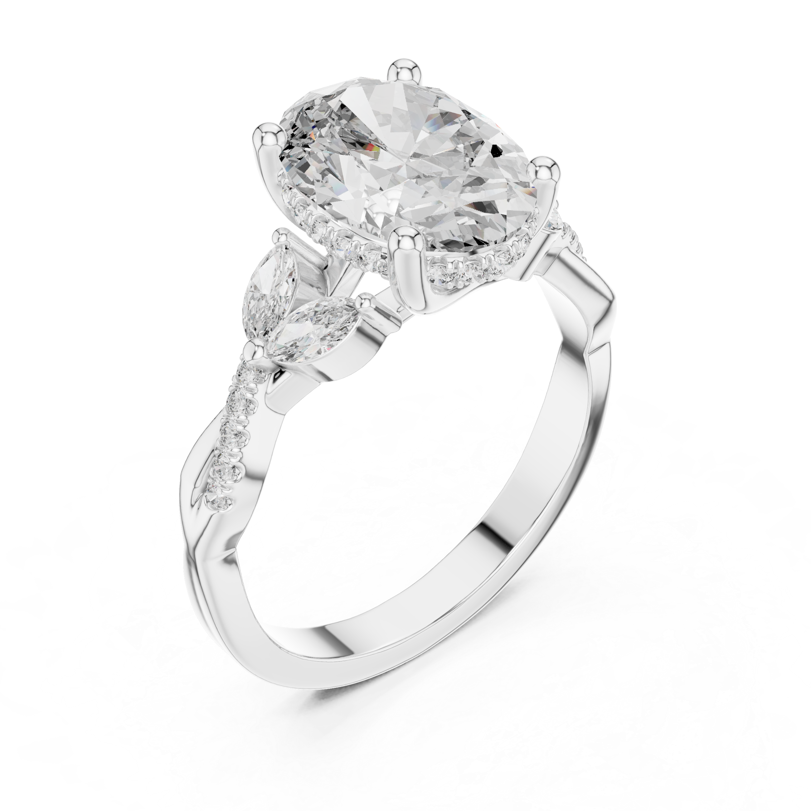 Oval Cut Diamond Solitaire Ring with Pavé Accented Band