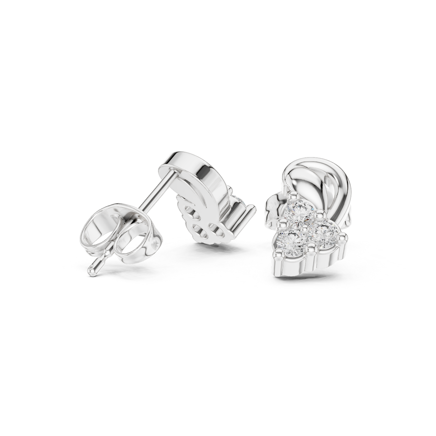 Round Cut Diamond Trio Cluster Twist Scroll Motif Stud Earrings in Collet Setting